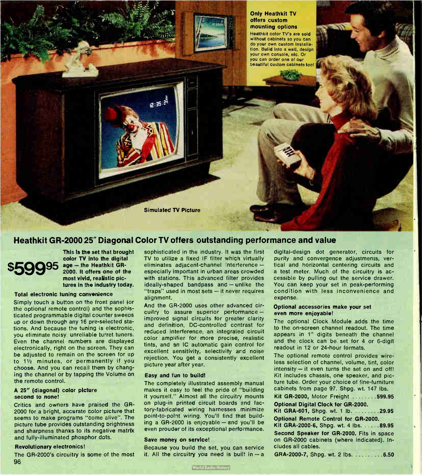 Figure 7 — "Easy and fun to build" and "Save money on service!": the Fall 1977 page for the GR-2000 makes the argument that assembly and serviceability are the same feature.