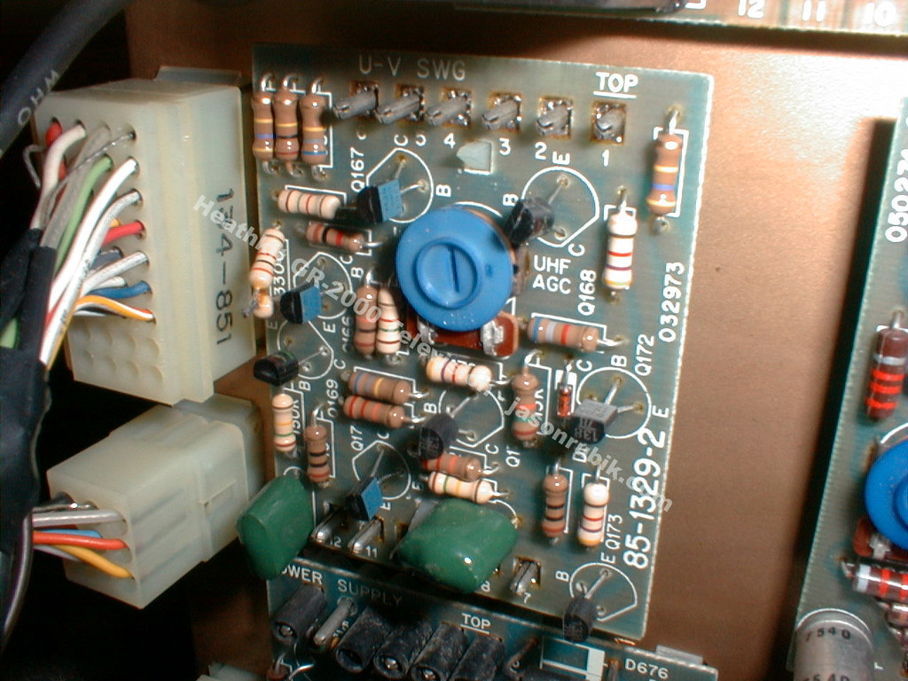 Figure 8 — The VHF/UHF switching board, Heath part 85-1329-2, with its UHF AGC control. Boards like this one carry the small adjustments that a restorer must not confuse with the convergence settings.