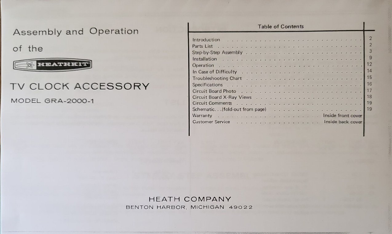 Figure 6 — The cover of the clock accessory manual as scanned: title, contents and the Benton Harbor imprint, with no part number and no copyright notice visible on the page.