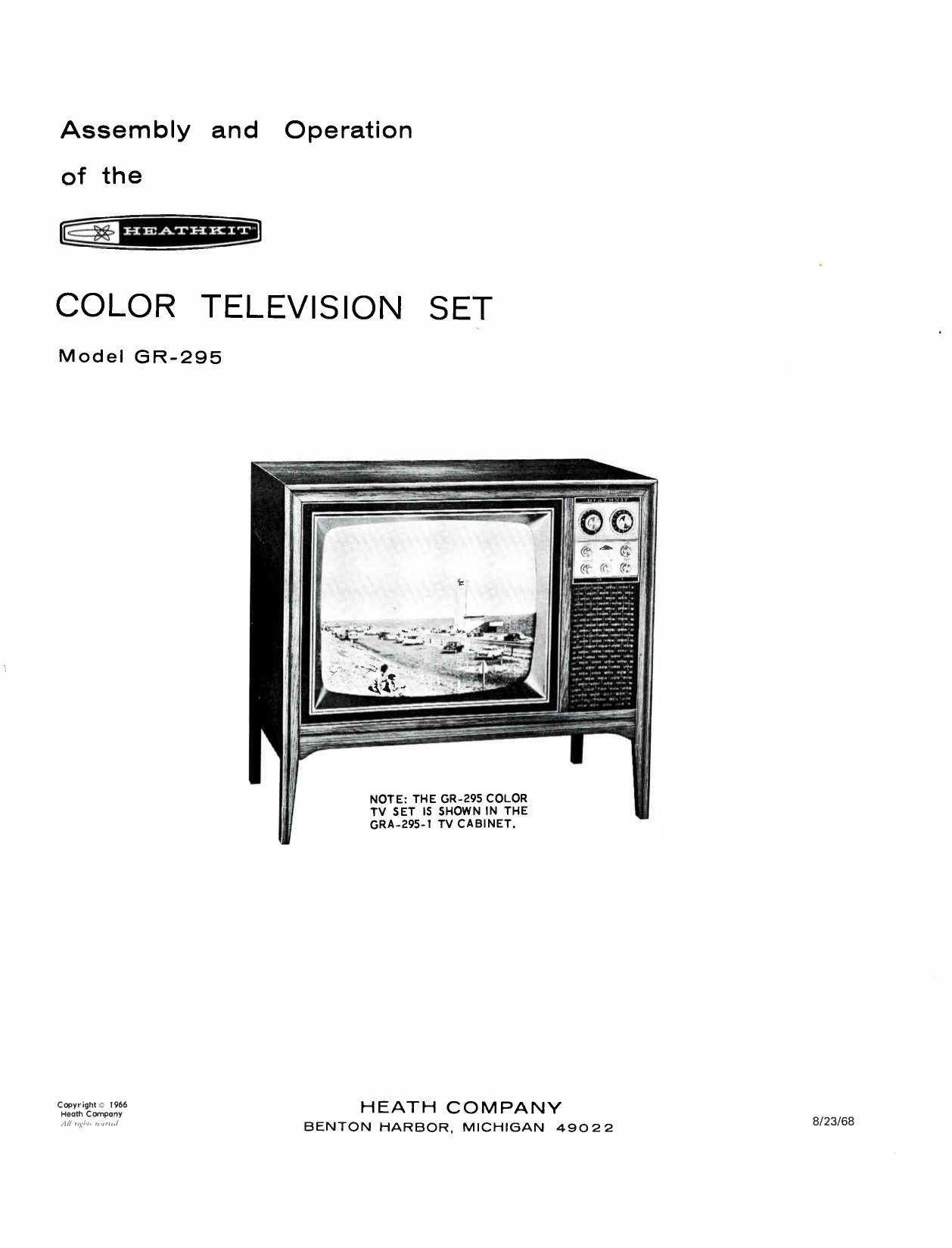 Figure 7 — The title page of the GR-295 assembly manual, 595-838, priced at $2.00 and carrying a 1966 copyright notice at the foot of the page. It is the fullest Heathkit colour-television manual freely avail…