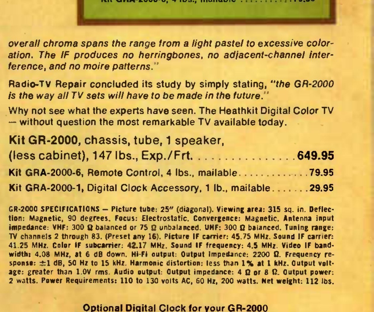 Figure 2 — The same specification as first published, in March 1974, with the launch prices: $649.95 for the kit, $79.95 for the remote control and $29.95 for the clock.