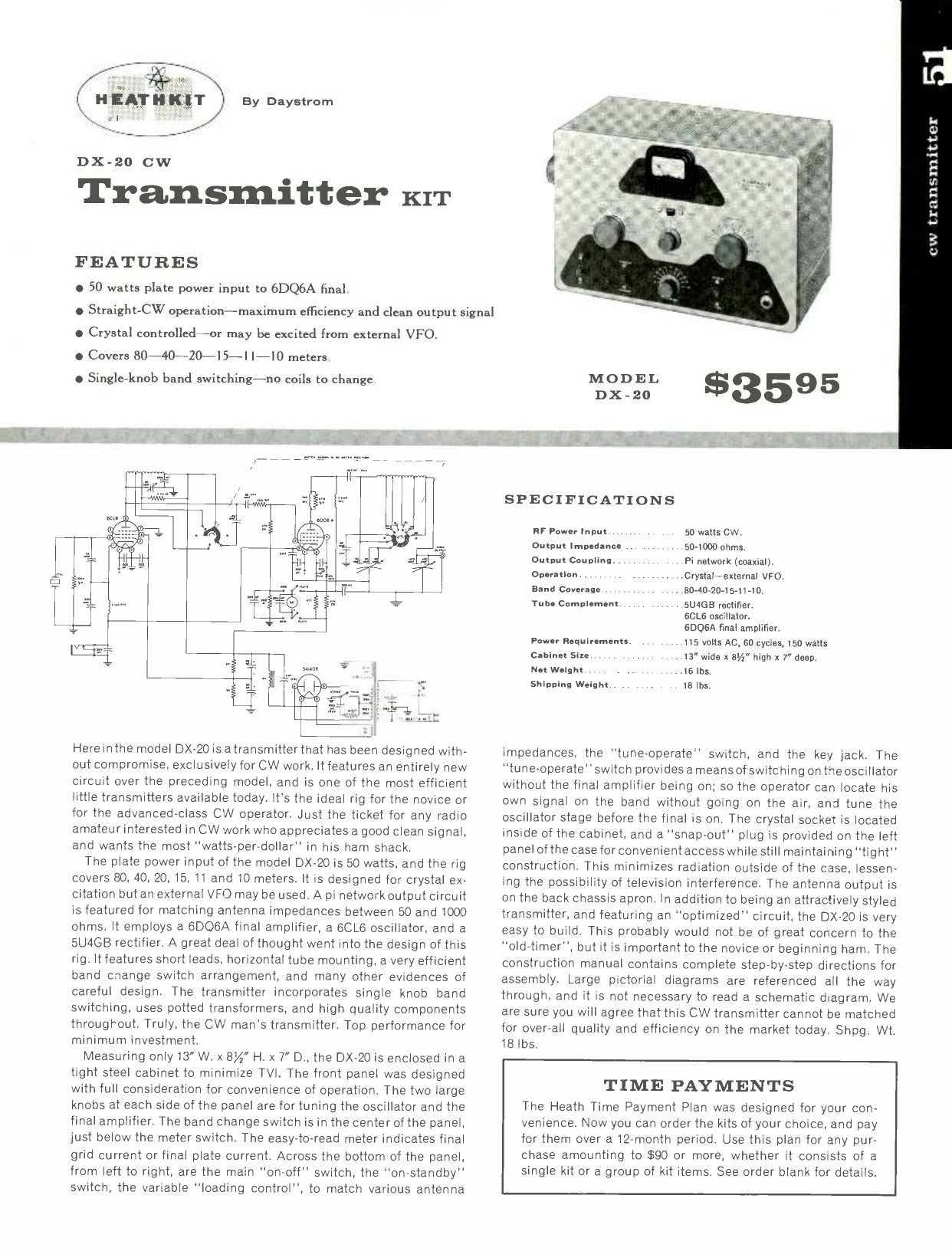 Figure 11 — The DX-20 CW transmitter in the 1958 catalogue at $35.95: three tubes, 50 watts input, straight-through operation on every band and a pi-network output. The AT-1 it replaced had used link coupling …