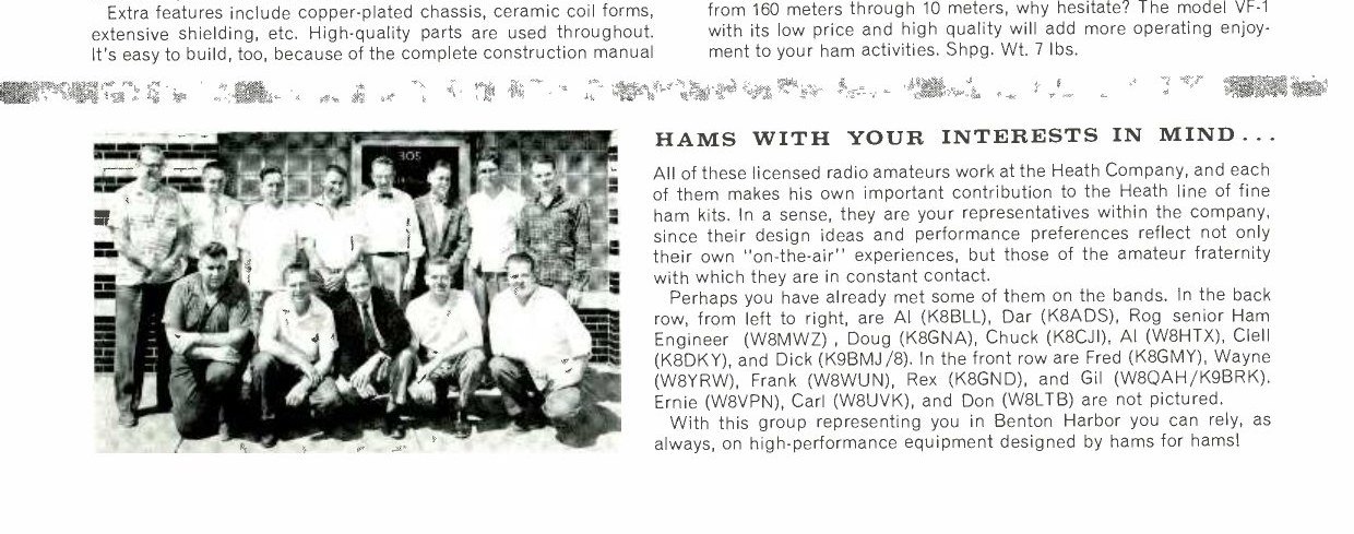 Figure 12 — "Hams with your interests in mind": sixteen licensed amateurs employed by Heath, photographed for the 1958 catalogue and named by first name and call sign, among them Al Robertson (K8BLL), later th…