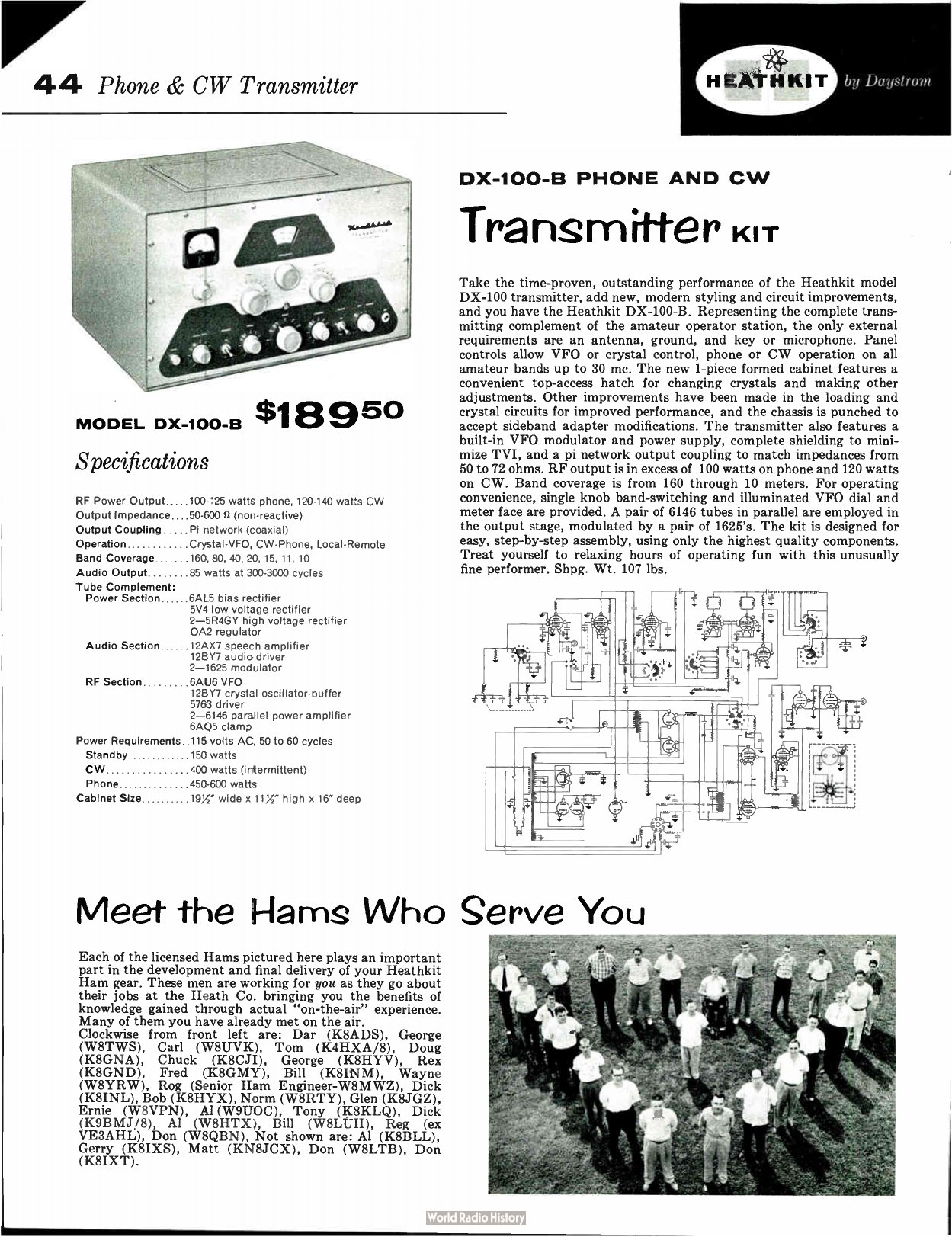 Figure 3 — The DX-100B at $189.50, above "Meet the Hams Who Serve You", the 1959 catalogue's photograph of about thirty licensed amateurs on Heath's staff, each named by first name and call sign.
