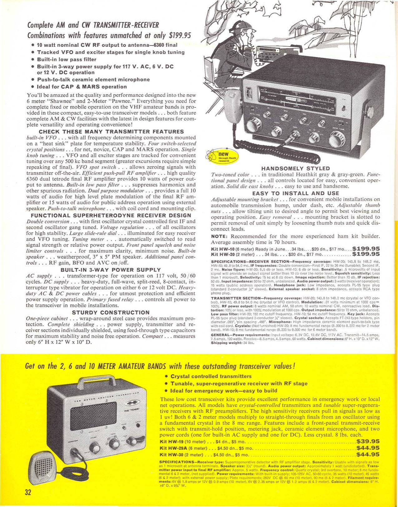 Figure 8 — The May 1961 VHF page: the "Shawnee" six-metre transceiver ($199.95, "Ready in June") and, at the foot, the Tenner, Sixer and Twoer lunchbox transceivers at $39.95 to $44.95, "Get set on the 2, 6 a…