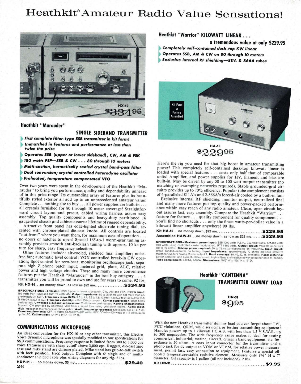 Figure 11 — "Heathkit Amateur Radio Value Sensations!" in March 1962: the HX-10 "Marauder" SSB transmitter at $334.95, the "Warrior" kilowatt linear, and the HN-31 "Cantenna" transmitter dummy load at $9.95.