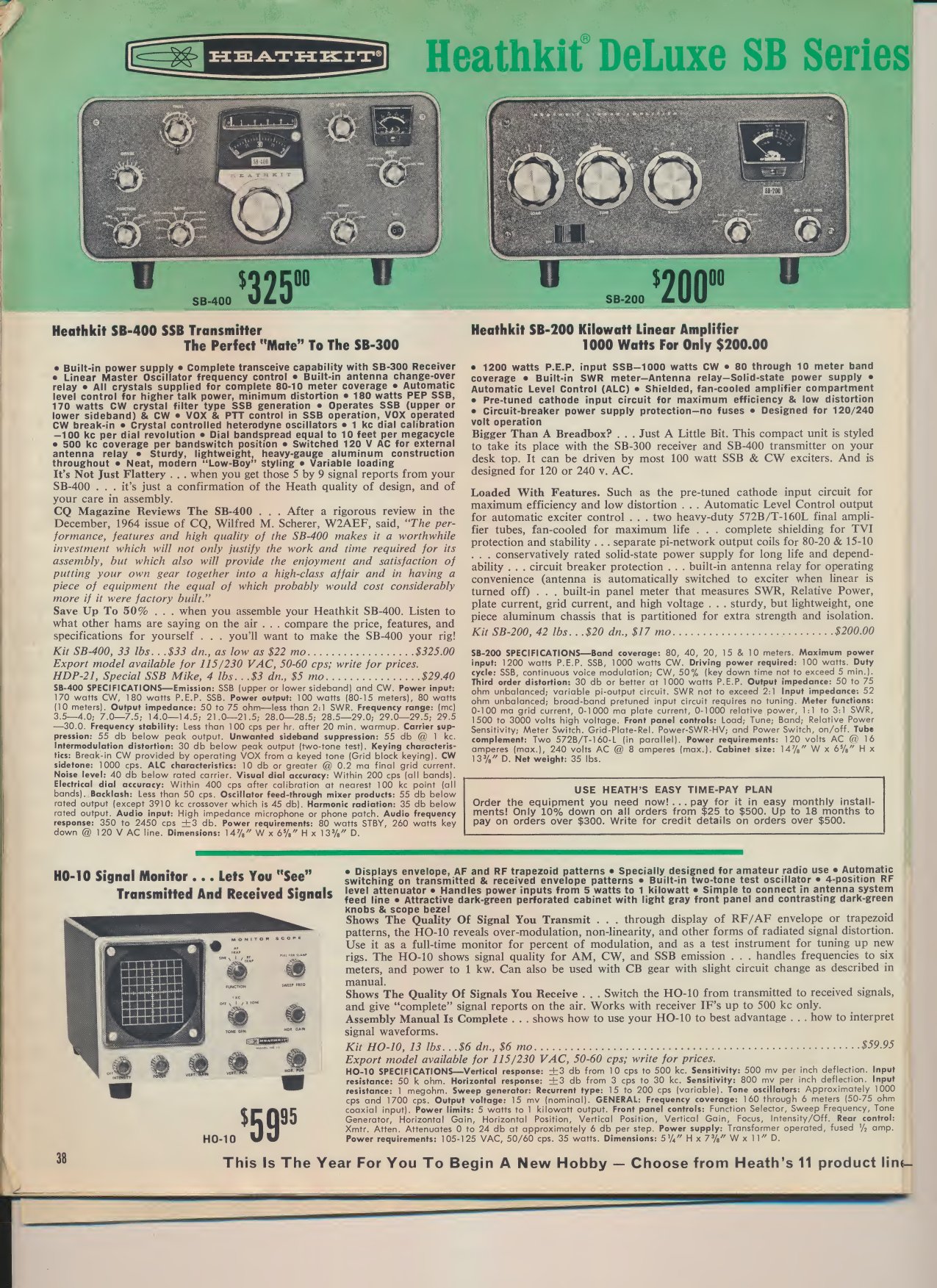 Figure 2 — "Heathkit DeLuxe SB Series" in March 1965: the SB-400 transmitter at $325 ("The Perfect 'Mate' to the SB-300") and the SB-200 linear amplifier at $200, with the HO-10 monitor scope. The SB-400 copy…