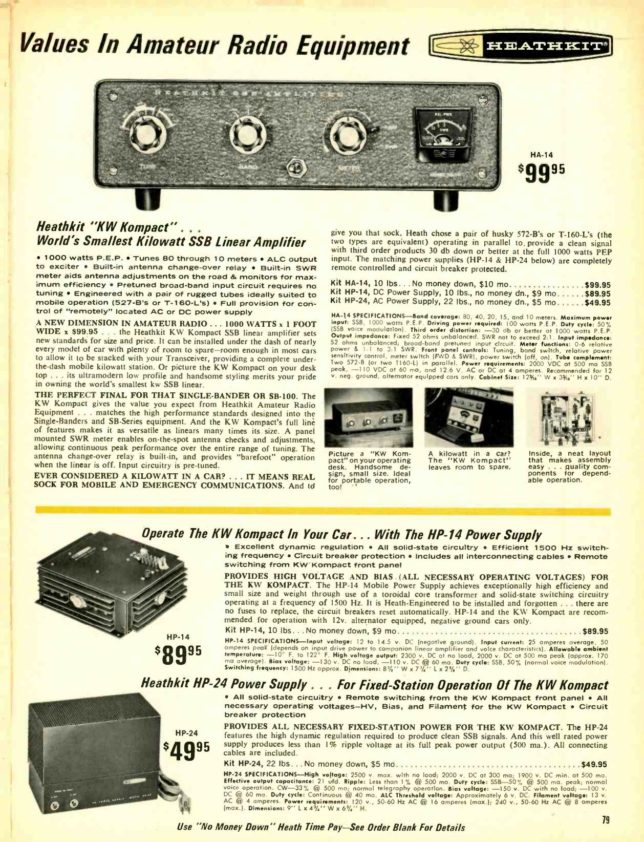 Figure 10 — "Heathkit 'KW Kompact' — World's Smallest Kilowatt SSB Linear Amplifier", $99.95 in the 1967 catalogue, with the HP-14 mobile and HP-24 fixed-station supplies it needed.