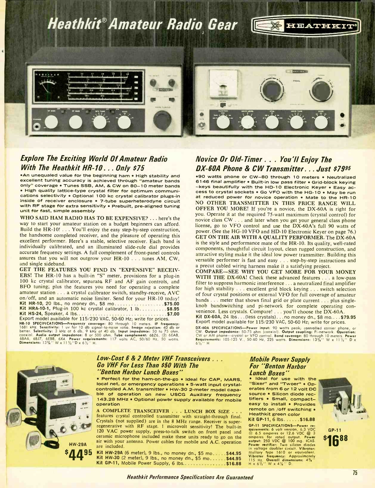 Figure 8 — "Heathkit Amateur Radio Gear" in the 1967 catalogue: the HR-10 receiver and DX-60A transmitter for "the novice or old-timer", with the six- and two-metre lunchbox transceivers below. The HW-16 CW t…
