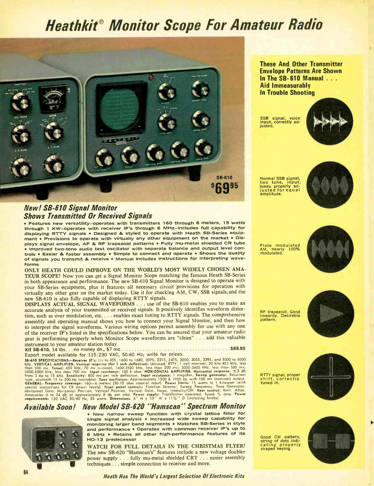 Figure 5 — "Heathkit Monitor Scope for Amateur Radio": the new SB-610 signal monitor at $69.95 in the 1967 catalogue, with the envelope and trapezoid patterns it displayed. Monitor scope, panadapter, console …