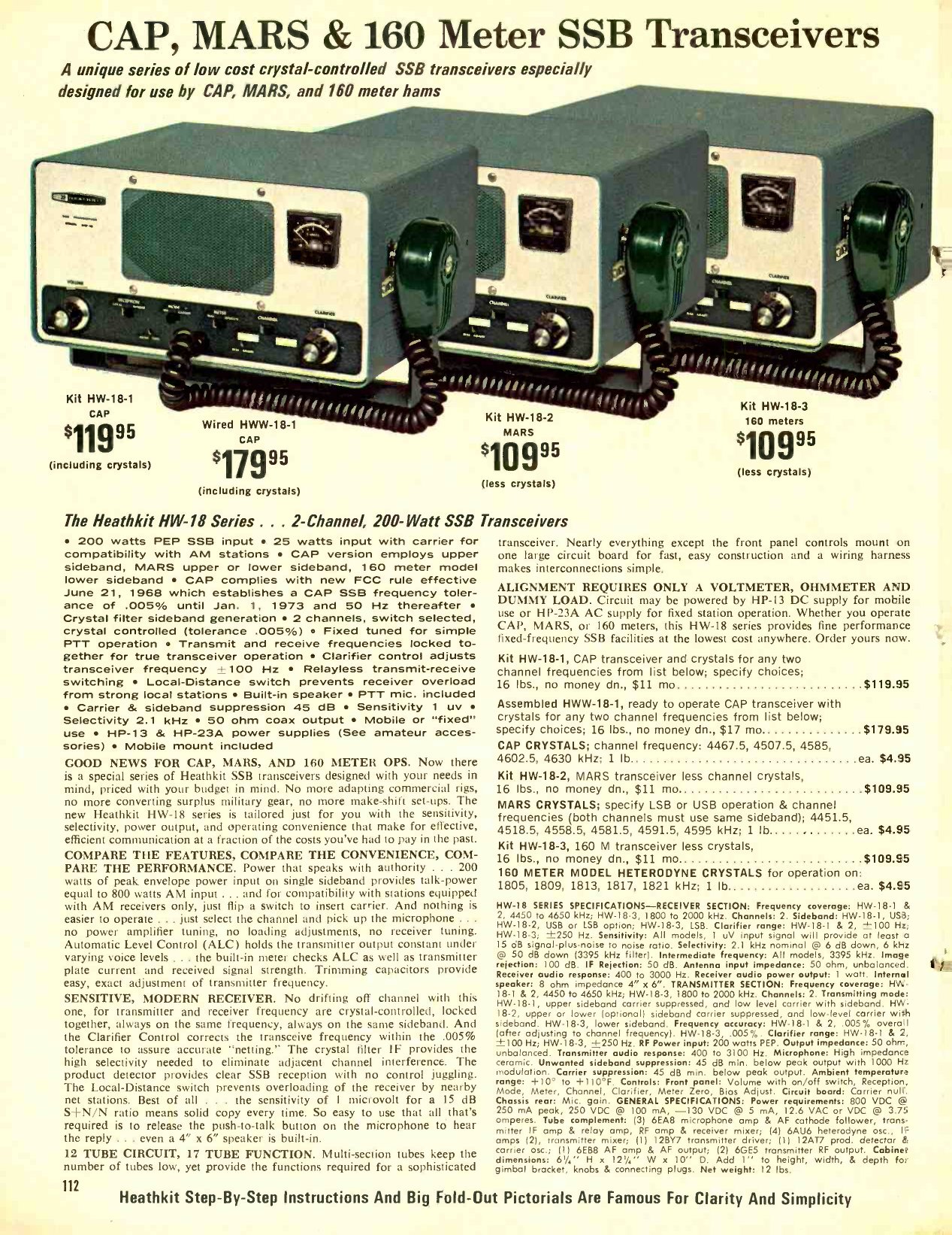 Figure 7 — "CAP, MARS & 160 Meter SSB Transceivers": the HW-18 series in the 1969 catalogue, two-channel crystal-controlled SSB sets for the Civil Air Patrol, the Military Affiliate Radio System and the 160-m…