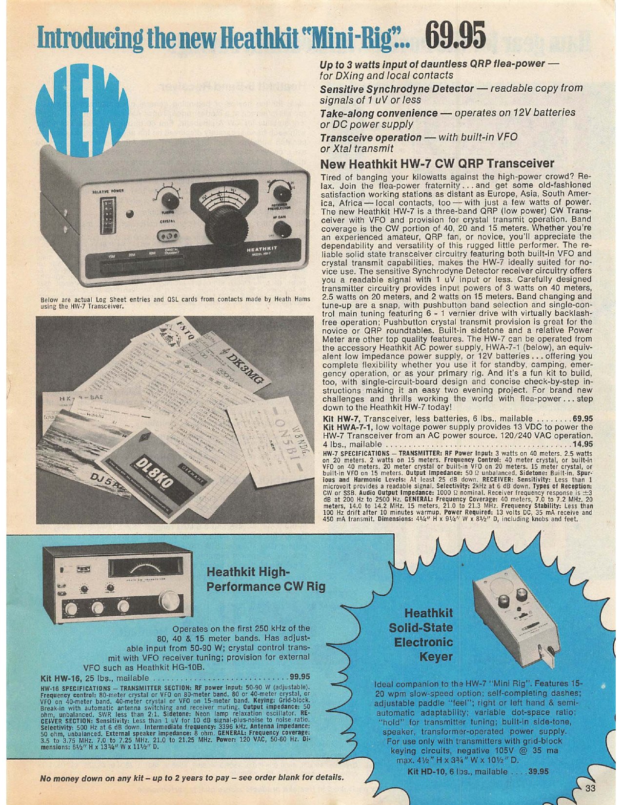 Figure 14 — "Introducing the new Heathkit 'Mini-Rig'... 69.95": the HW-7 CW QRP transceiver in catalogue 810/73, the first of Heath's low-power rigs, with the HD-10 keyer and a high-performance CW filter.