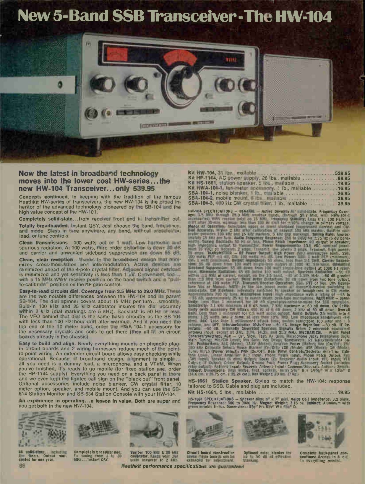 Figure 2 — "New 5-Band SSB Transceiver — The HW-104", Christmas 1975: the SB-104's broadband transmitter and VFO with a mechanical dial in place of the digital counter, at $539.95.