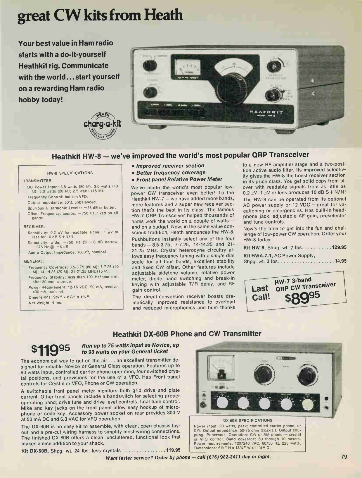 Figure 5 — "Great CW kits from Heath", Spring 1976: the new HW-8 ("we've improved the world's most popular QRP transceiver") at $129.95, the HW-7 on "Last Call!" at $89.95, and the DX-60B phone and CW transmi…