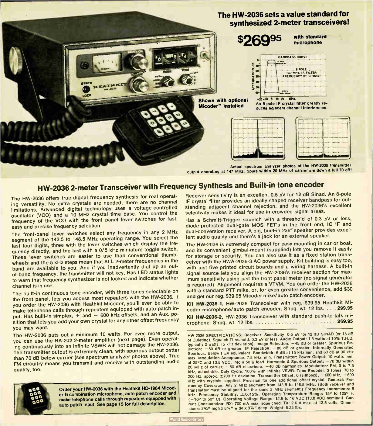 Figure 4 — "The HW-2036 sets a value standard for synthesized 2-meter transceivers!": $269.95 in Fall 1977, with the plot of its spectral purity that Heath printed after the recall of the HW-2026.