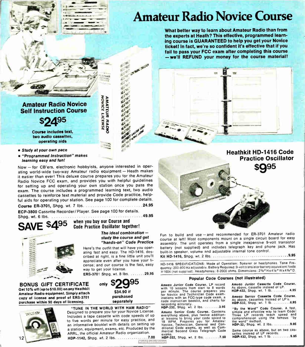 Figure 7 — "Amateur Radio Novice Course", the page that opened the amateur section of the Fall 1977 catalogue: a self-instruction licence course at $24.95 with a money-back guarantee, and the HD-1416 code-pra…