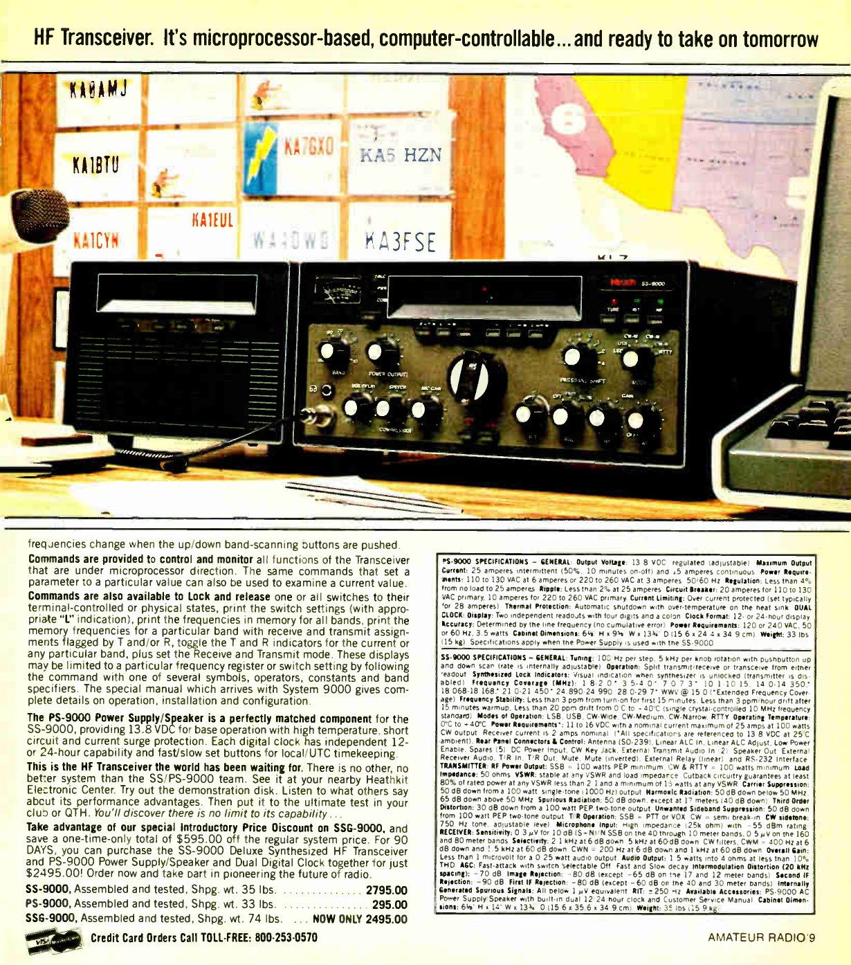 Figure 12 — "HF Transceiver. It's microprocessor-based, computer-controllable — and ready to take on tomorrow": the SS-9000 spread in the Christmas 1982 catalogue. It was sold only assembled, at $2,795.