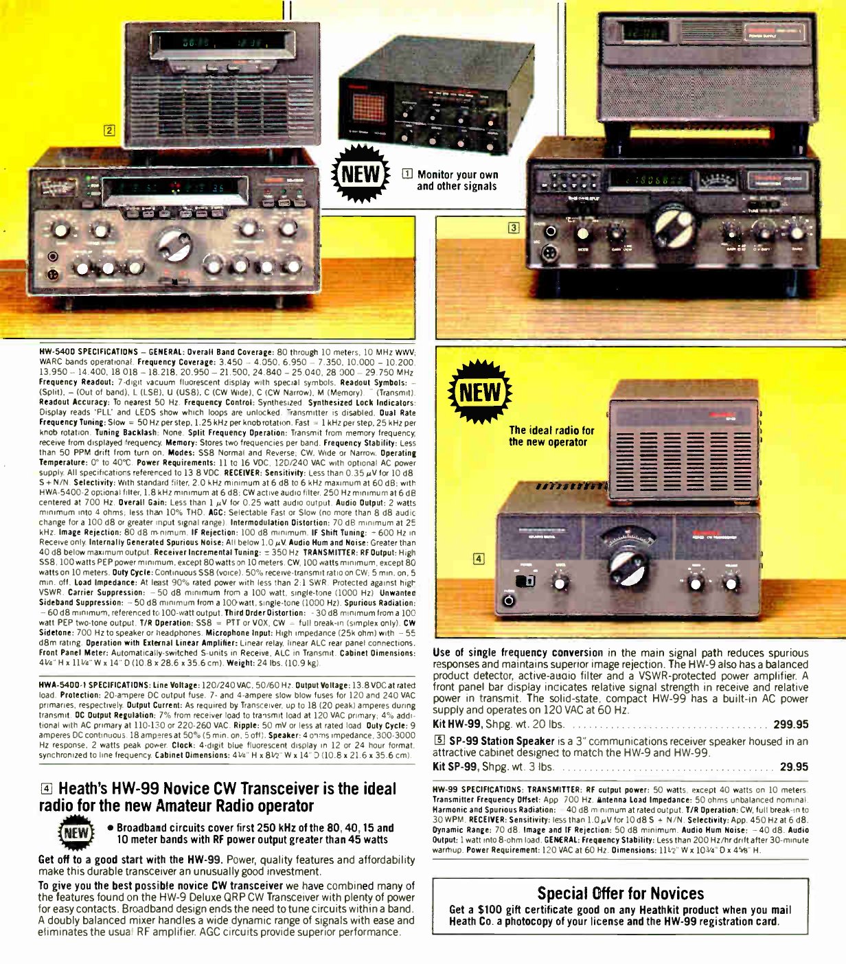 Figure 9 — Fall 1985: the new HW-99 Novice CW transceiver at $299.95 ("the ideal radio for the new operator"), the HW-9 QRP transceiver, the new HO-5404 station monitor and the HW-5400 synthesised transceiver.