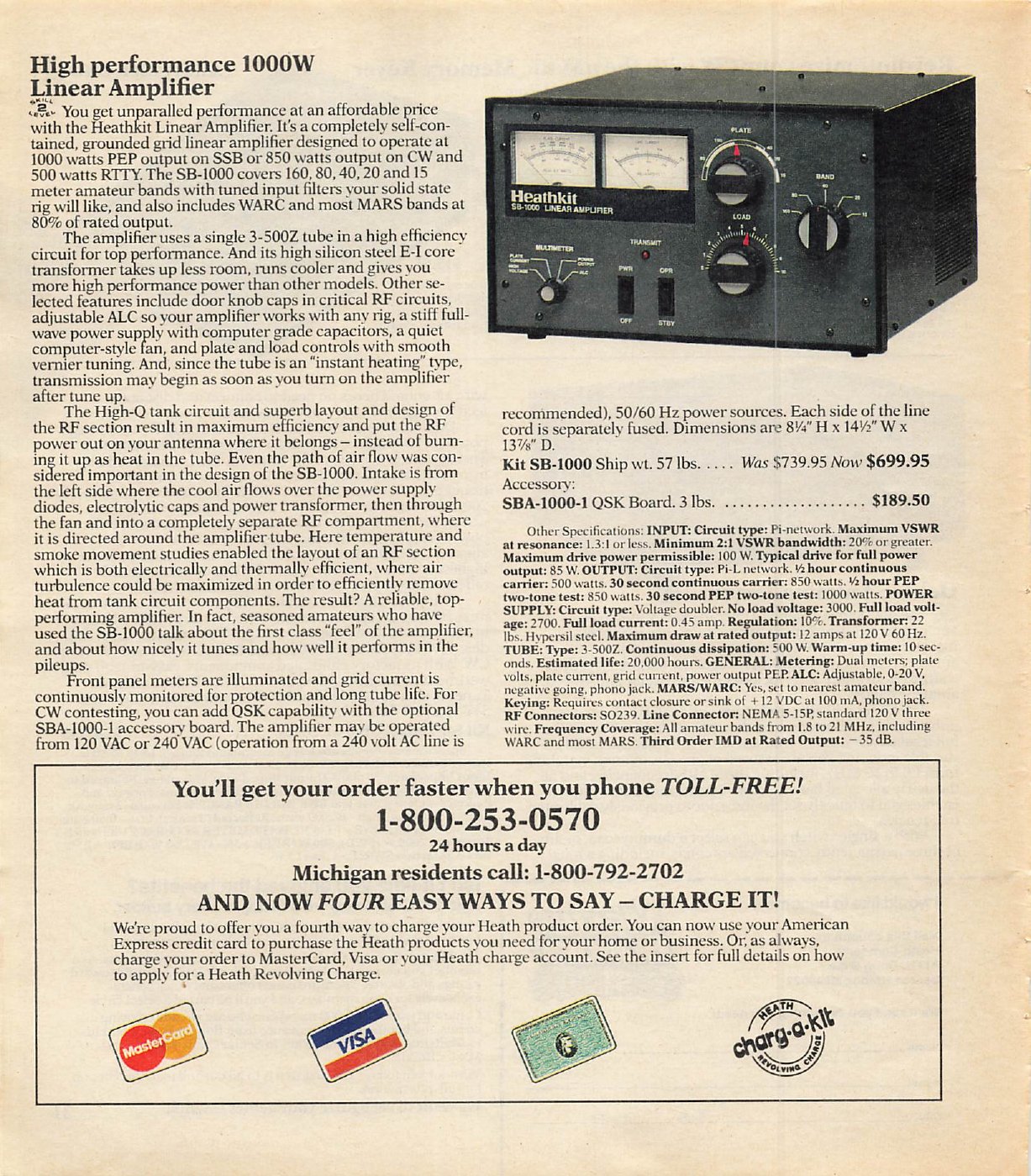 Figure 15 — "High performance 1000W Linear Amplifier": the SB-1000 in the Spring 1988 catalogue, a single 3-500Z in a cabinet styled to match the SS-9000. It was the last of the line of Heath HF amplifiers tha…