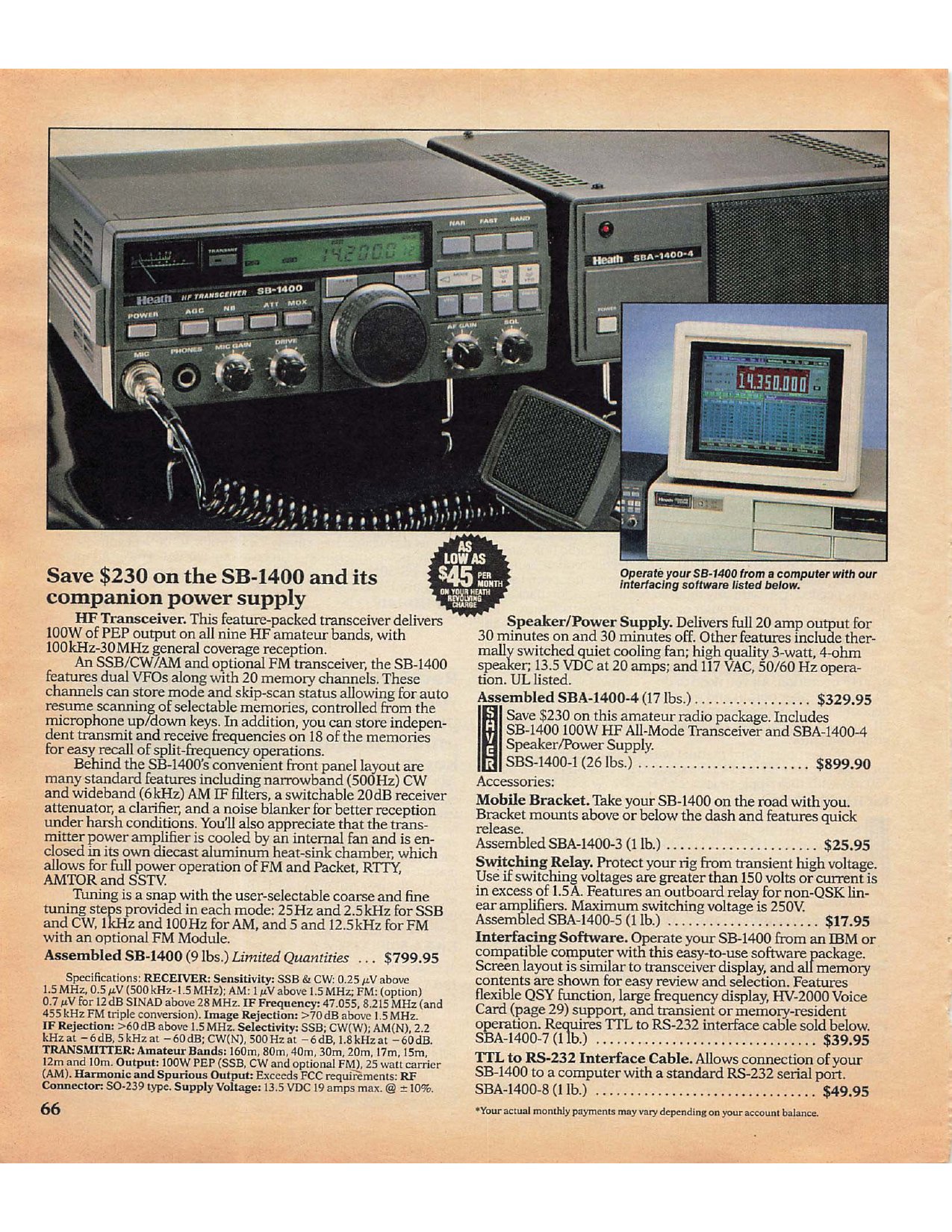 Figure 16 — "Save $230 on the SB-1400 and its companion power supply": Summer 1990. The SB-1400 revived the SB prefix, but it was an assembled Yaesu FT-747GX in Heath colours, $799.95.