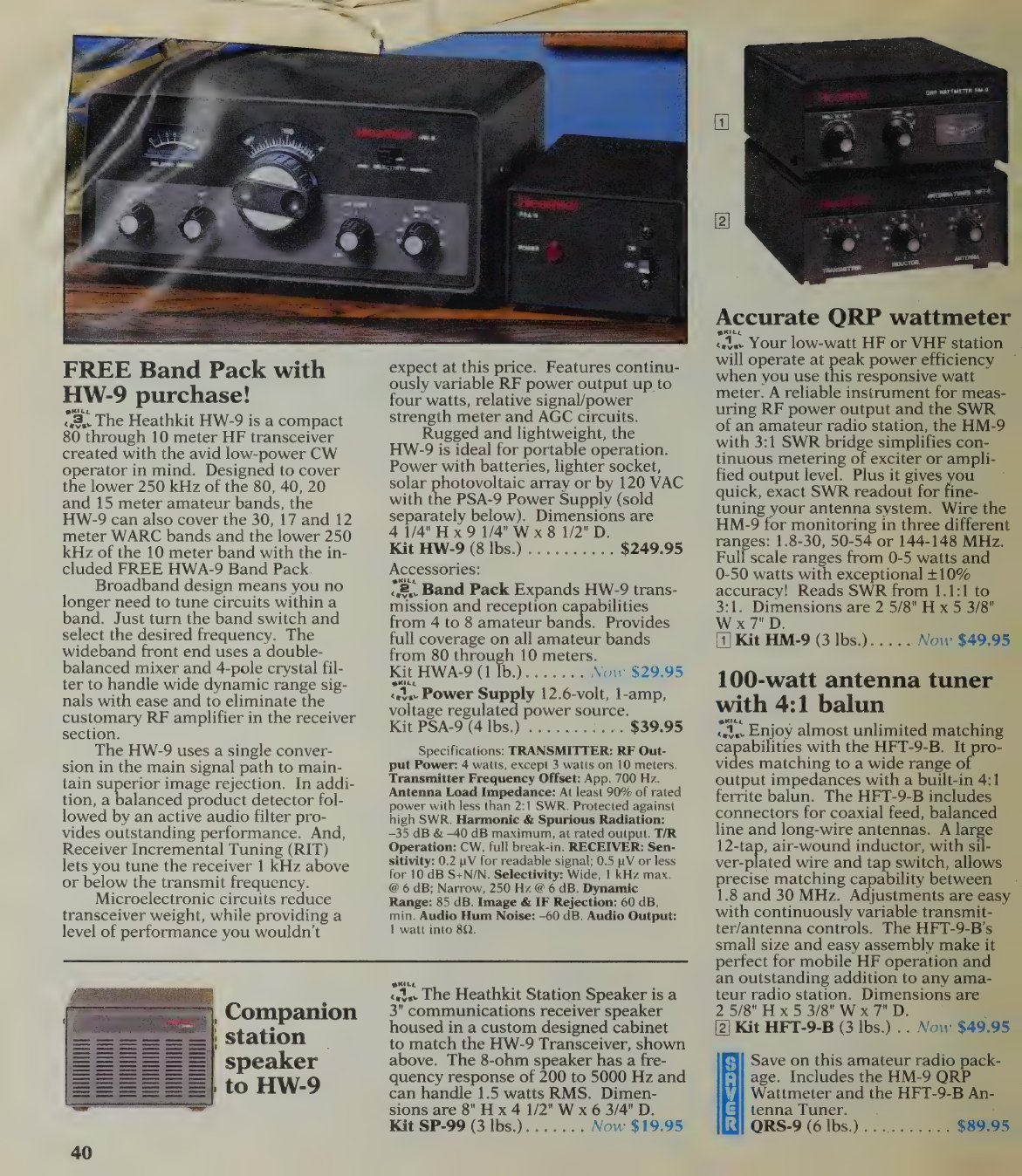Figure 17 — One of the last Heathkit amateur-radio pages, Winter 1991: the HW-9 QRP CW transceiver kit ("FREE Band Pack with HW-9 purchase"), its companion speaker, a QRP wattmeter and a 100-watt antenna tuner…