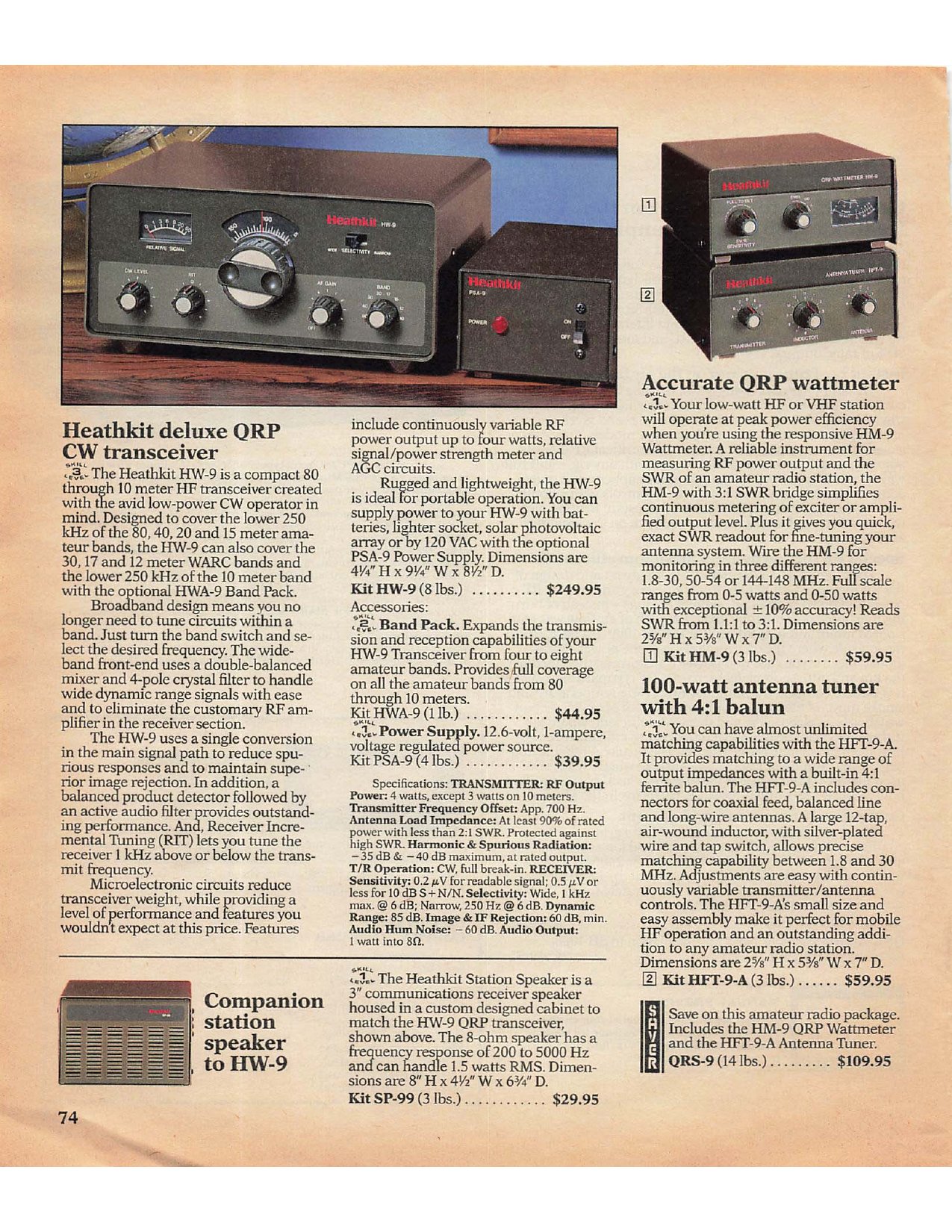 Figure 3 — The HW-9 QRP CW transceiver in the Summer 1990 catalogue, $249.95: four watts, broadband circuits, receiver incremental tuning, and eight bands with the HWA-9 band pack. The HW-8 and HW-9 remain po…