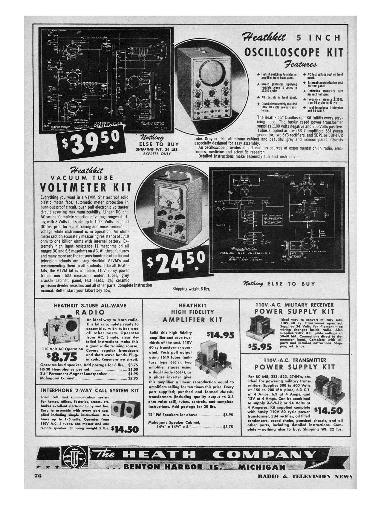 Figure 4 — A Heath advertisement in Radio & Television News, January 1949: the 5-inch oscilloscope at $39.50 and the vacuum-tube voltmeter at $24.50 with their schematics, a three-tube radio kit at $8.75, and…