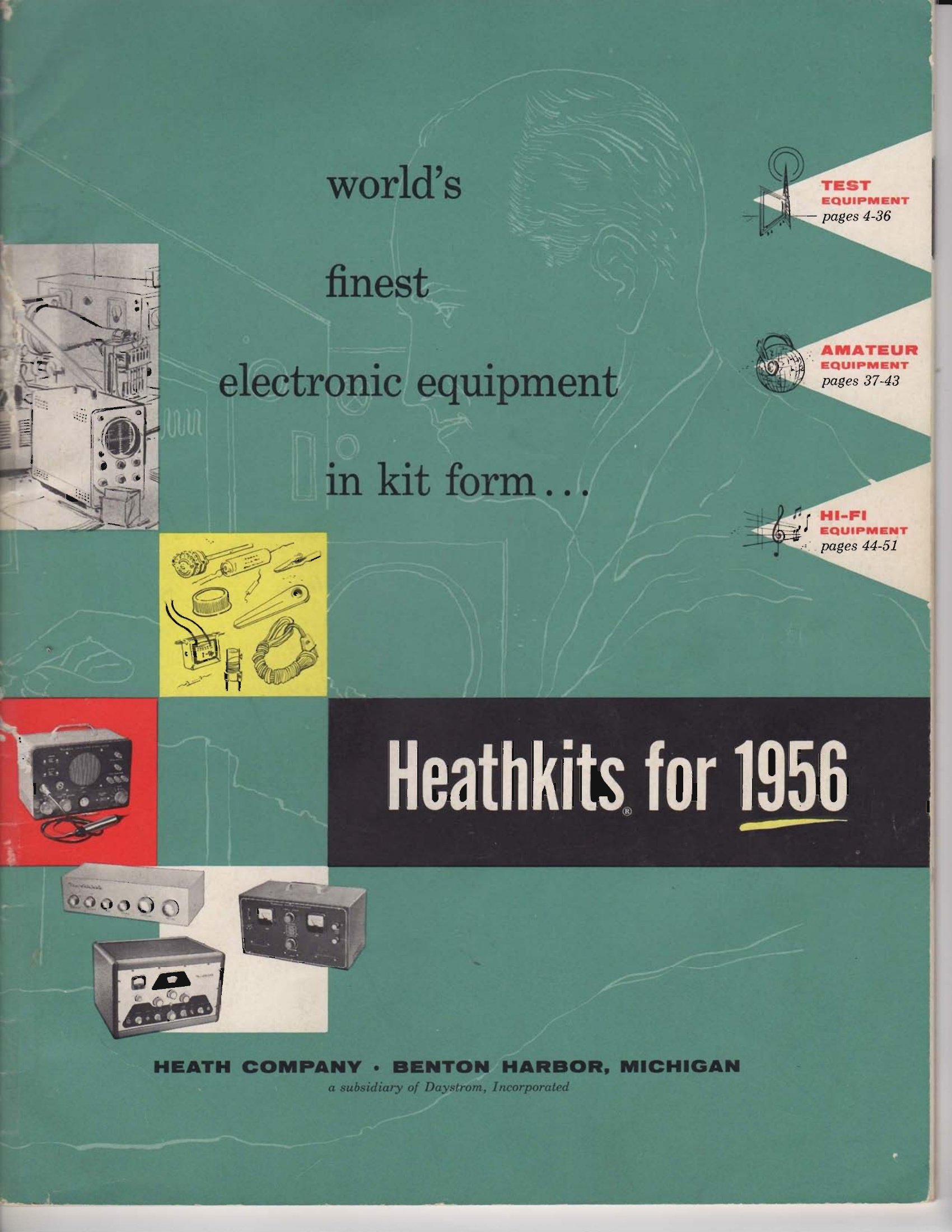 Figure 2 — "World's finest electronic equipment in kit form": the cover of Heathkits for 1956, the first full-year catalogue produced under Daystrom. The small print at the foot reads "Heath Company, Benton H…