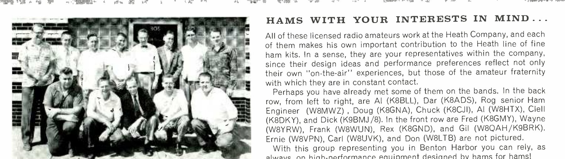 Figure 7 — "Hams with your interests in mind": licensed amateurs on the Heath engineering staff, photographed for the 1958 catalogue. The caption lists them by first name and call sign, including the senior h…