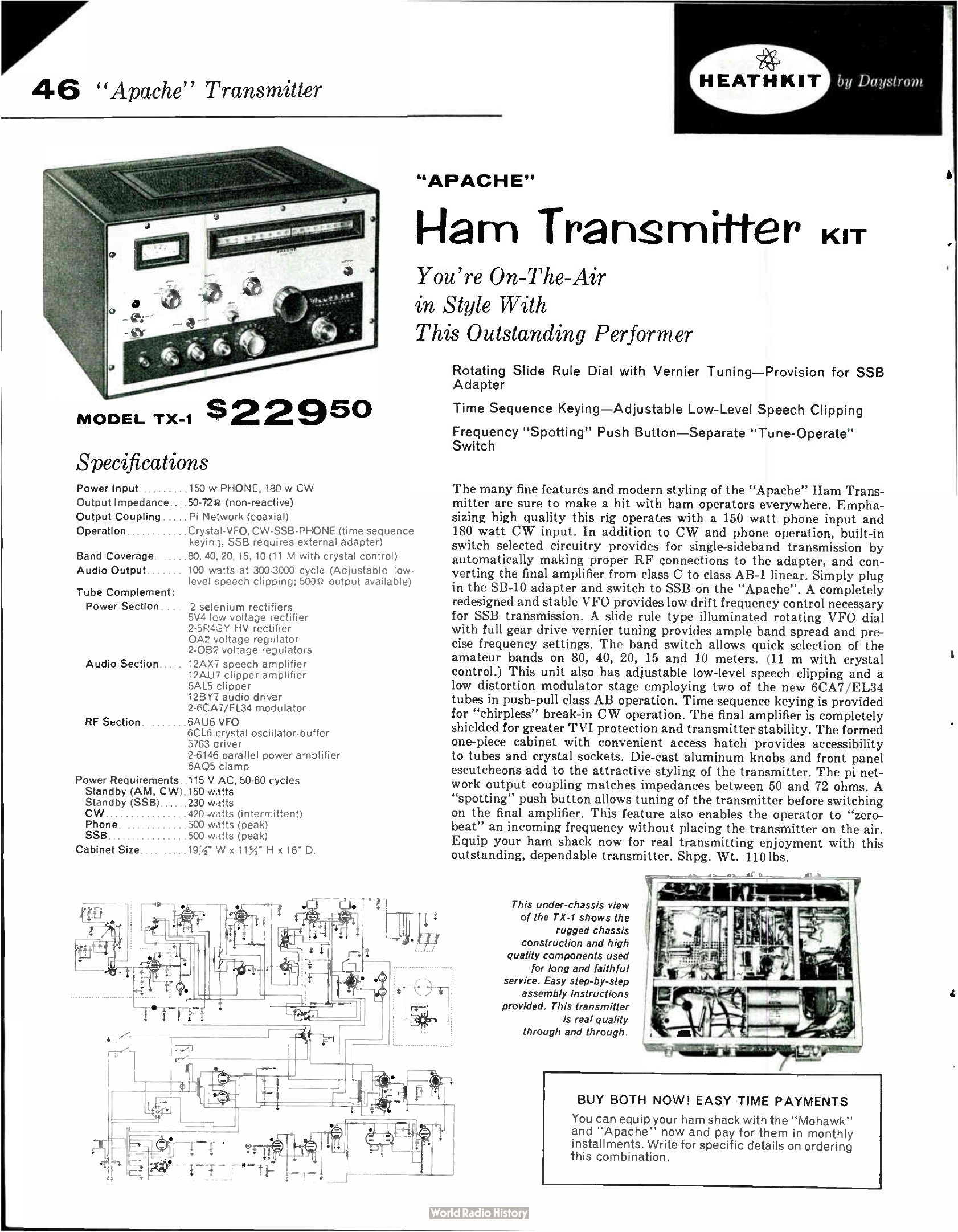 Figure 10 — The "Apache" TX-1 transmitter in the 1959 catalogue at $229.50, running 150 W phone and 180 W CW input. It was the first of Heath's big tribal-named stations. The copy notes that the plug-in SB-10 …