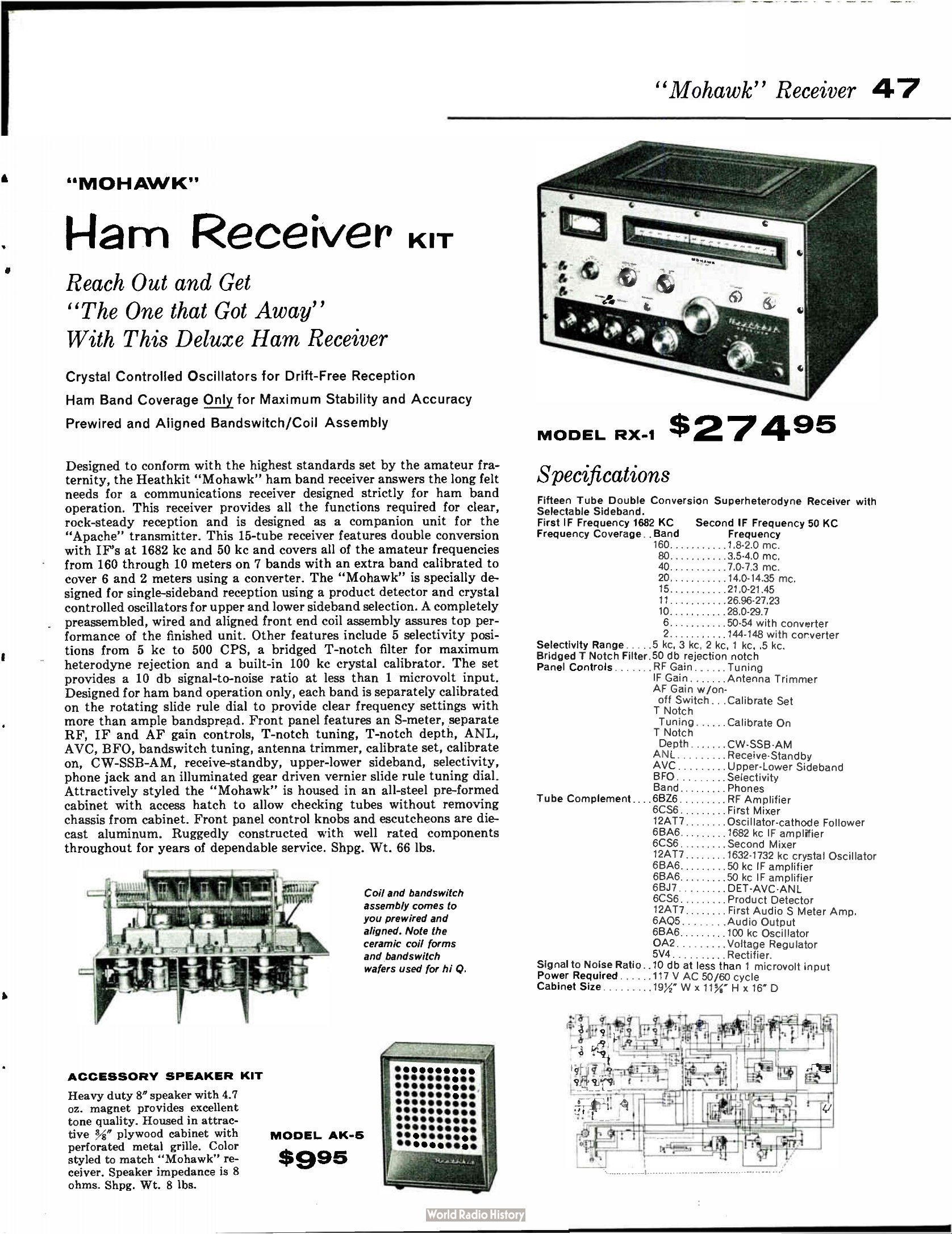 Figure 11 — The matching "Mohawk" RX-1 receiver, $274.95 in 1959. It was an amateur-band receiver styled to sit beside the Apache. Gilmore's later recollection dates both sets to the early 1960s, but they were…