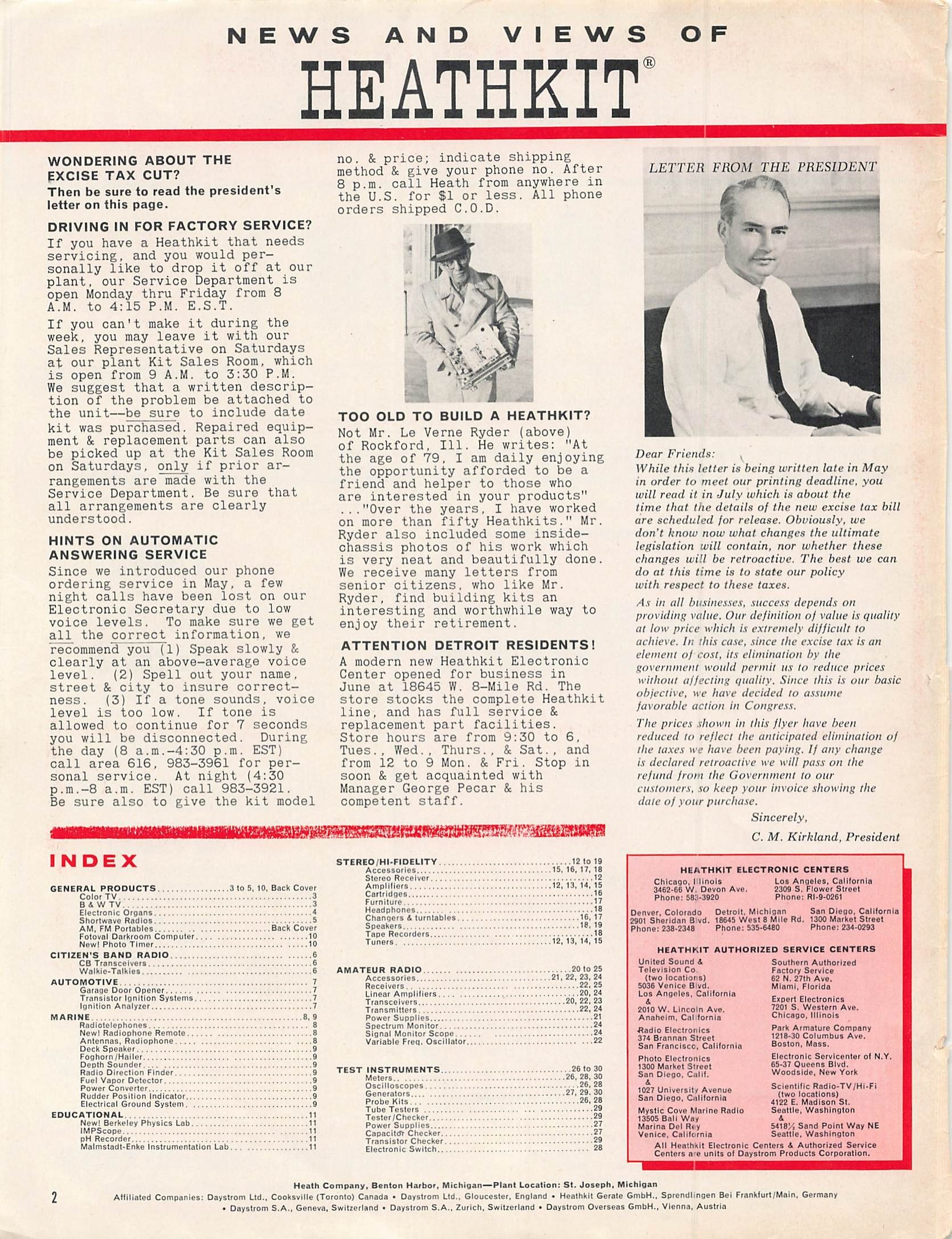 Figure 3 — "News and Views of Heathkit", mid-1965. The page carries a letter from President Charles M. Kirkland about the excise-tax cut and notes on dropping off kits for factory service or collecting them a…