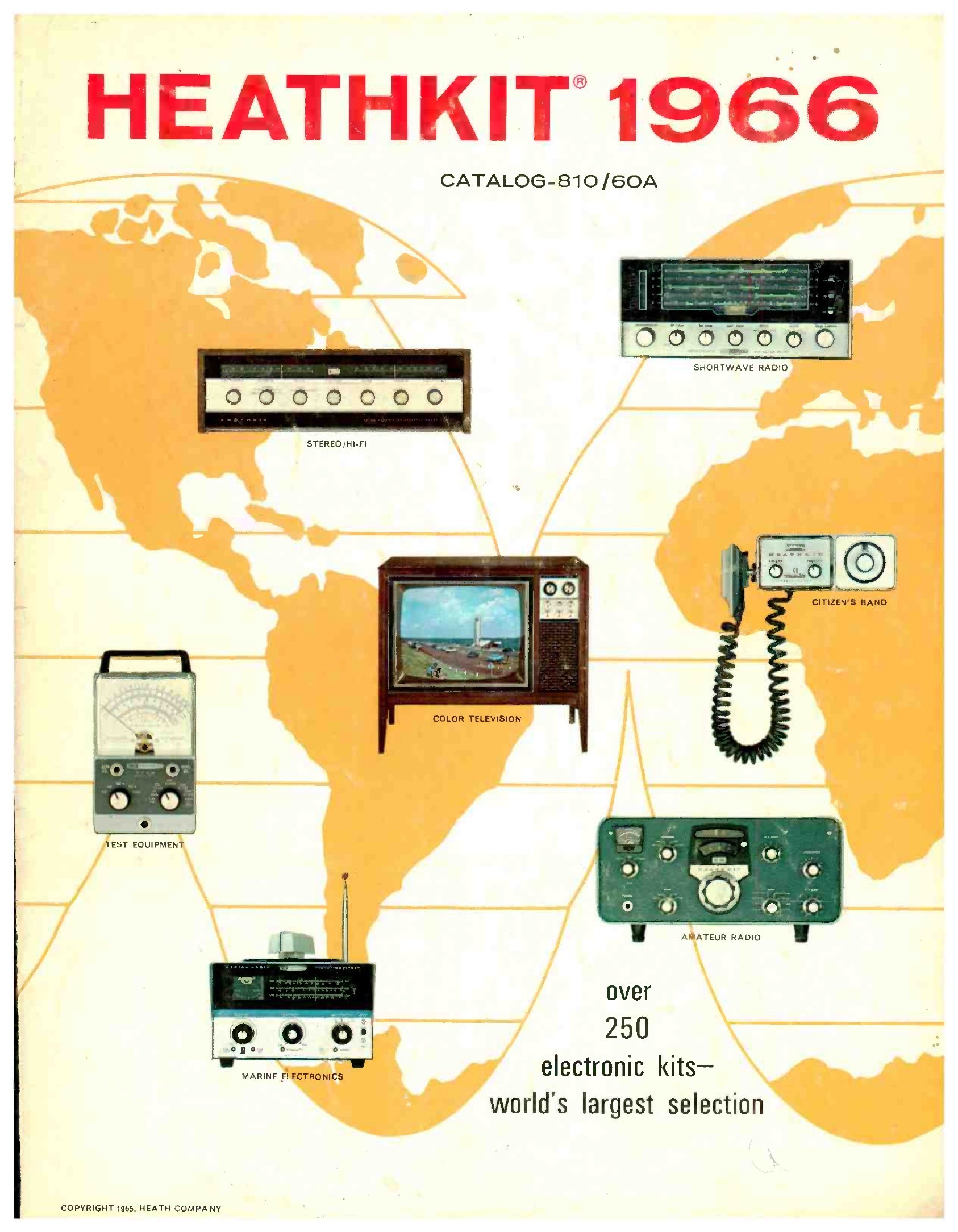 Figure 6 — The 1966 catalogue, whose cover map shows Heathkits sold worldwide and claims "over 250 electronic kits — world's largest selection". By this date Heath had subsidiaries in Canada, England and Germ…