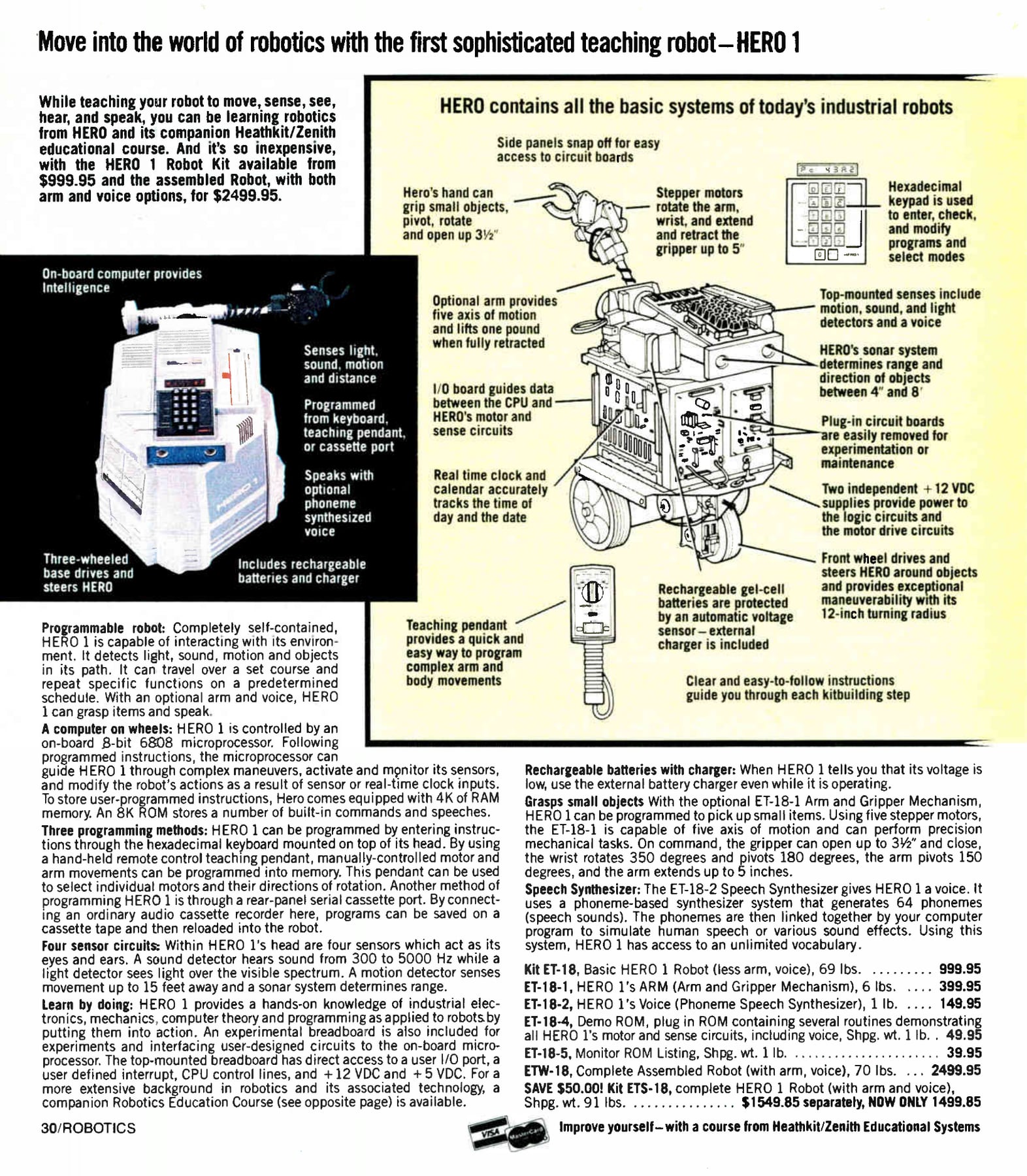 Figure 19 — HERO 1 in the Fall 1983 catalogue: the basic robot kit ET-18 (less arm and voice) at $999.95, the complete kit ETS-18 at $1,499.85 and the assembled ETW-18 at $2,499.95.