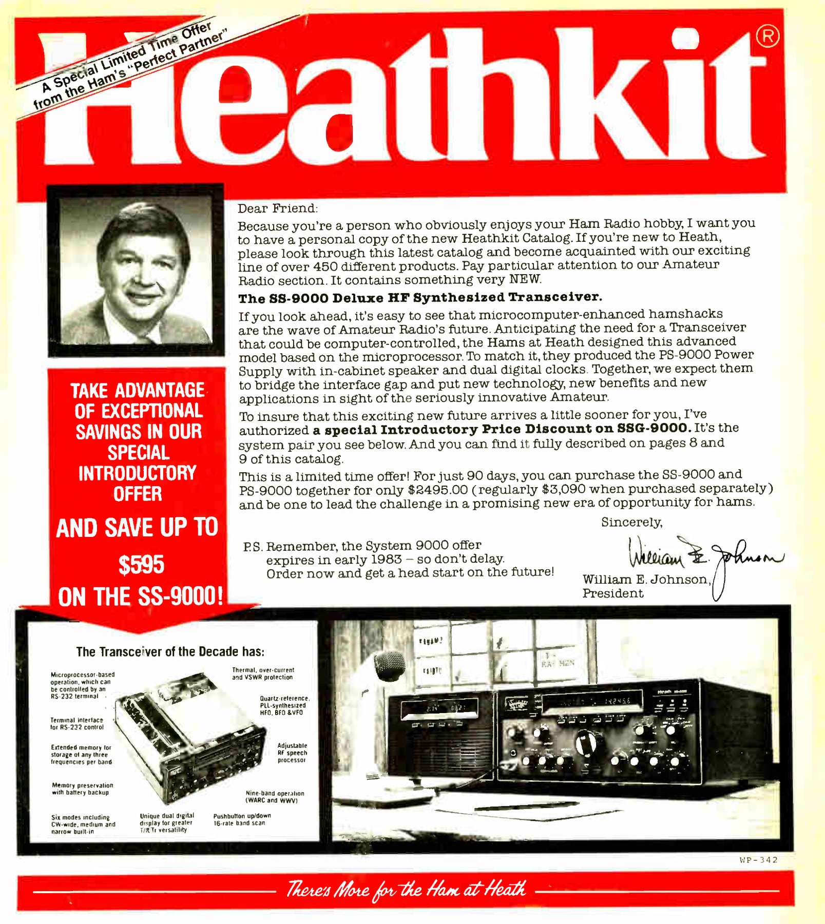 Figure 8 — William E. Johnson's letter to amateur customers in the Christmas 1982 catalogue, introducing the SS-9000 and PS-9000 at an introductory $2,495 for the pair. The same letter counts "over 450 differ…
