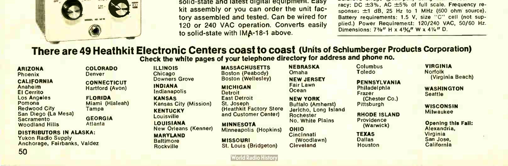 Figure 3 — The store directory in Fall 1977: "There are 49 Heathkit Electronic Centers coast to coast (Units of Schlumberger Products Corporation)". Two more were "opening this fall" in Alexandria, Virginia, …