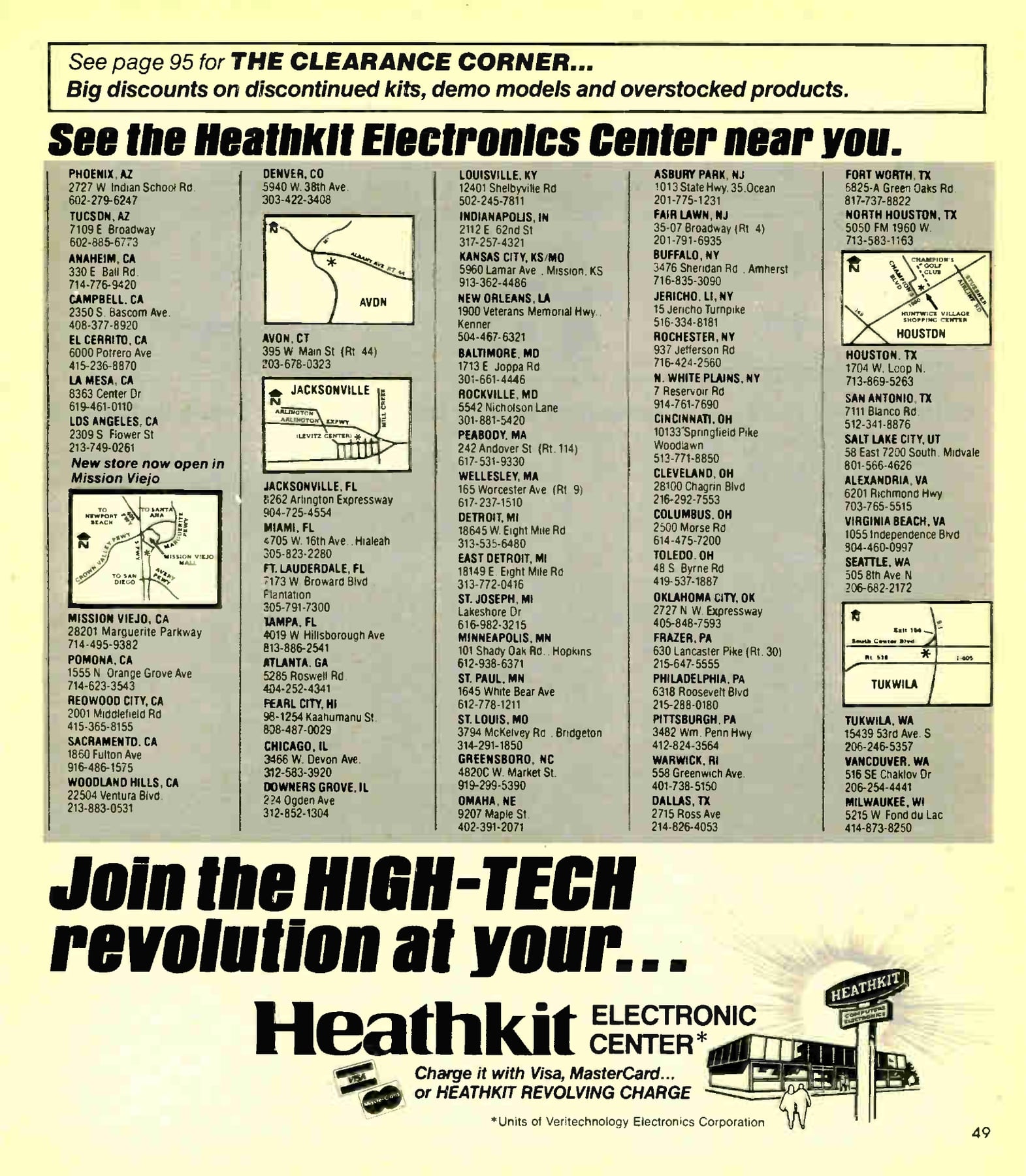 Figure 5 — "See the Heathkit Electronics Center near you" and "Join the HIGH-TECH revolution", Fall 1983. With about 63 US locations this is the largest directory among the catalogues examined.