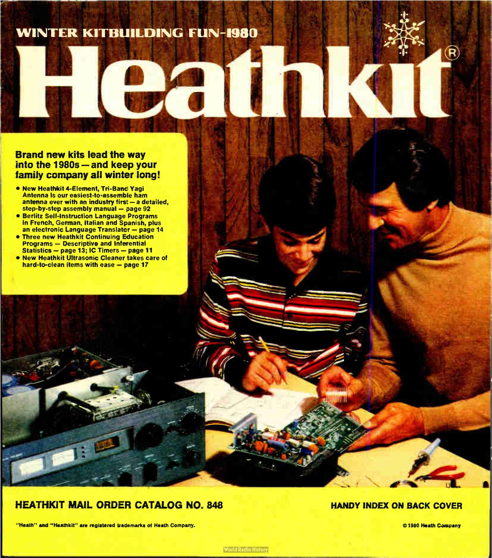 Figure 2 — "Winter Kitbuilding Fun — 1980", catalogue No. 848, the first full catalogue of the Zenith era. A Zenith video recorder appears inside; the stores are now "Units of Veritechnology Electronics Corpo…