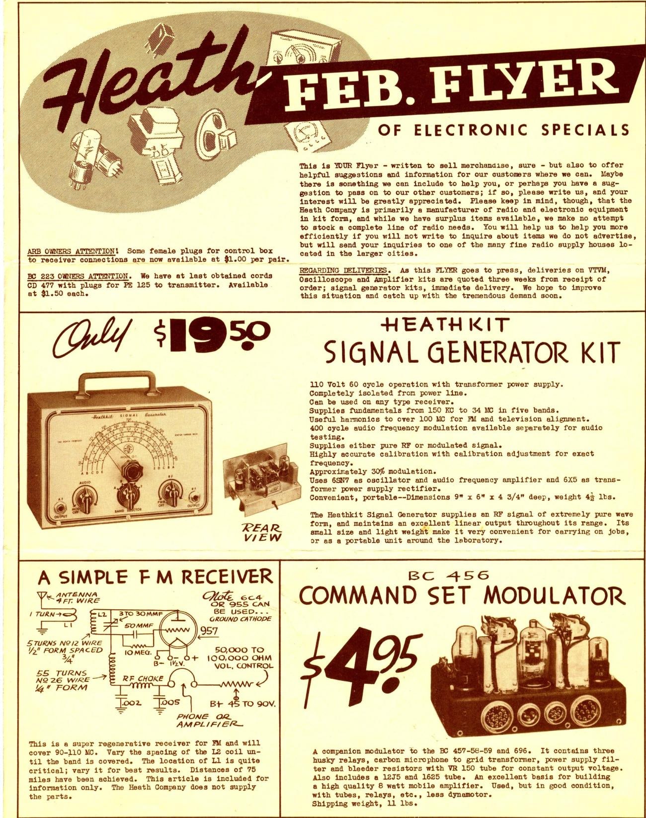 Figure 2 — The February 1948 "Feb. Flyer of Electronic Specials", a short flyer selling a $19.50 signal-generator kit alongside war-surplus parts. It shows Heath's catalogue at its smallest.
