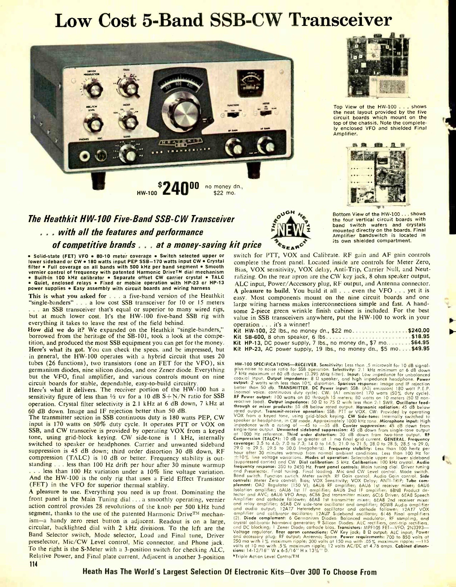Figure 4 — The HW-100 as it appeared in the 1969 catalogue at $240, with the top and bottom views Heath used to sell the idea that a five-board kit was a tidy kit. The specification block claims 0.5 µV sensit…