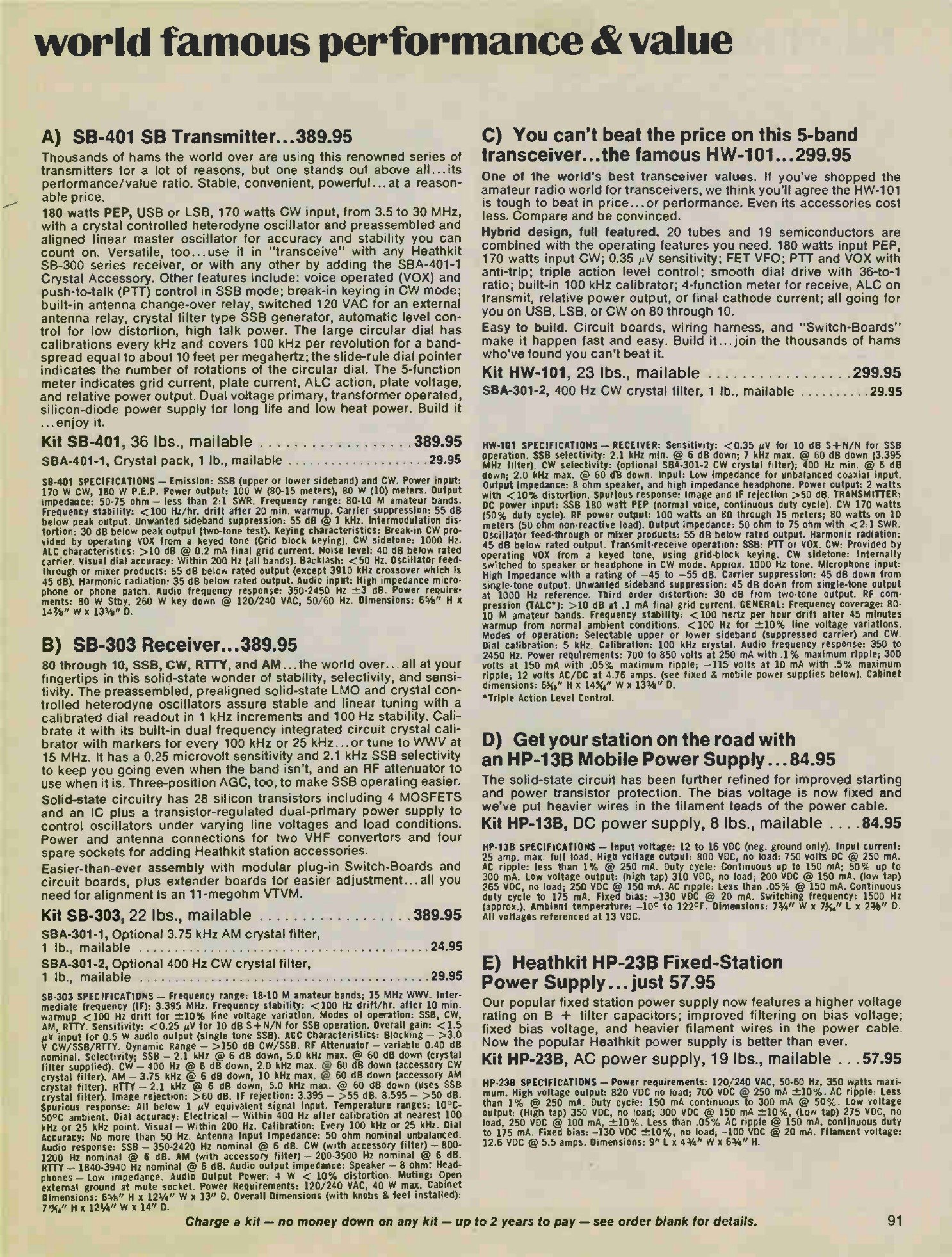 Figure 8 — The Christmas 1975 catalogue, with the HW-101 at $299.95 in the right-hand column beside the SB-401 transmitter at $389.95 — the price gap that was the rig's whole argument. The copy leans on it: "…