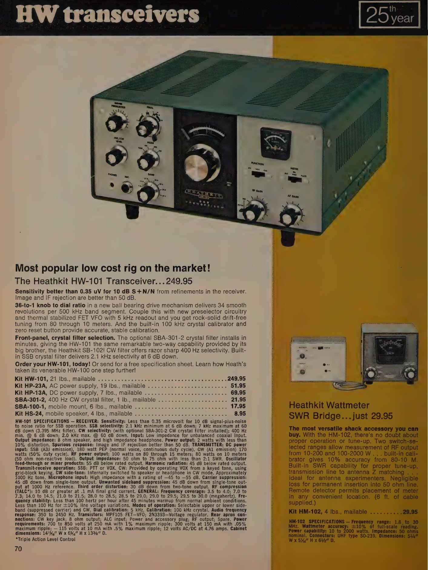 Figure 7 — The HW-101 page from catalogue 810/72, with prices effective 1 August 1971 — the page that fixes the $249.95 kit price and the accessory prices for this dive. The specification block under the copy…