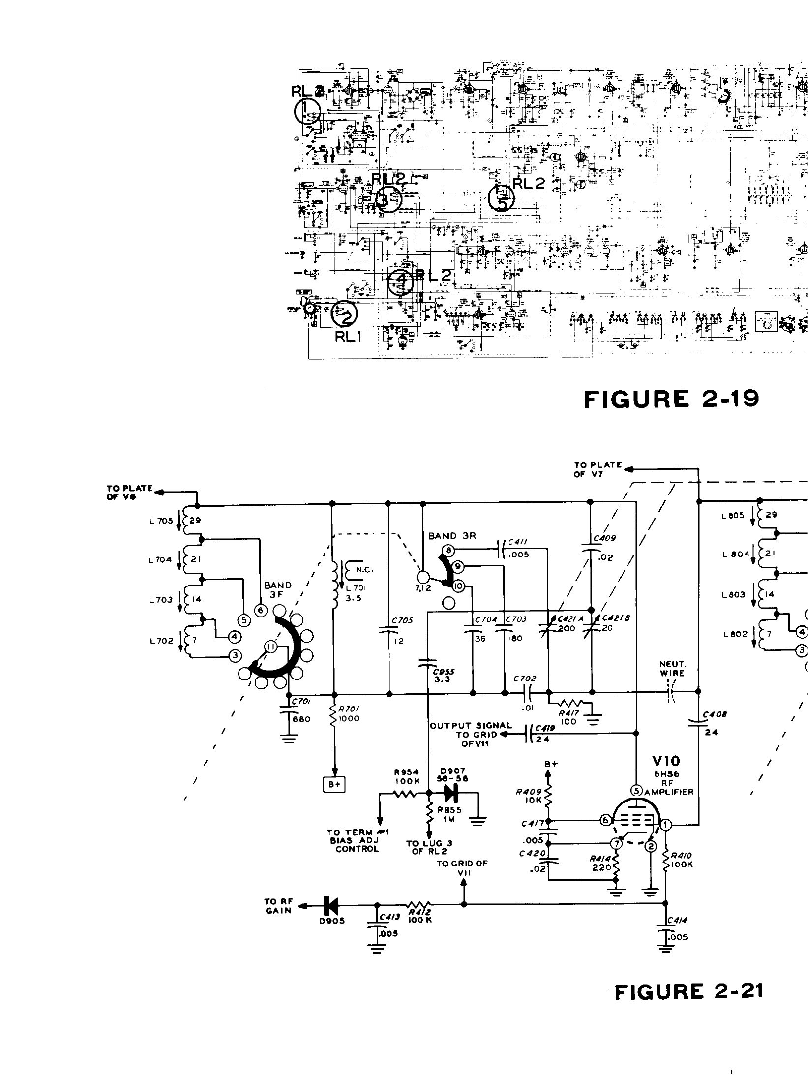 Figure 12 — 20, the receive-side frequency chart, and figure 2-19's relay map on the same fold-out. Comparing it with figure 2-2 shows how completely the two directions share hardware.