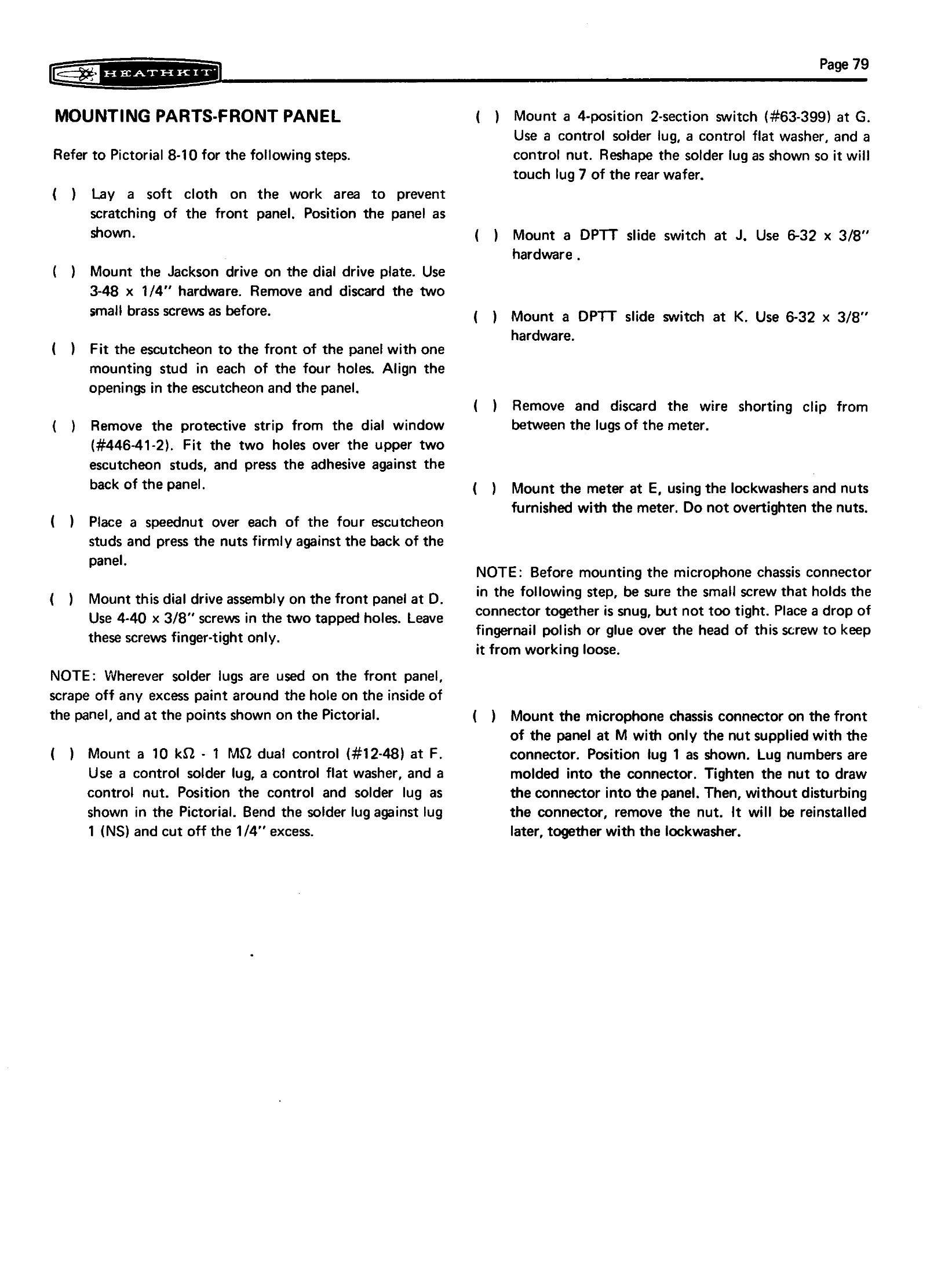 Figure 10 — Front-panel parts mounting, page 79. The Jackson drive, the escutcheon and dial window, the controls, the slide switches and the meter all go on in one section; the printed ruler at the foot of the…