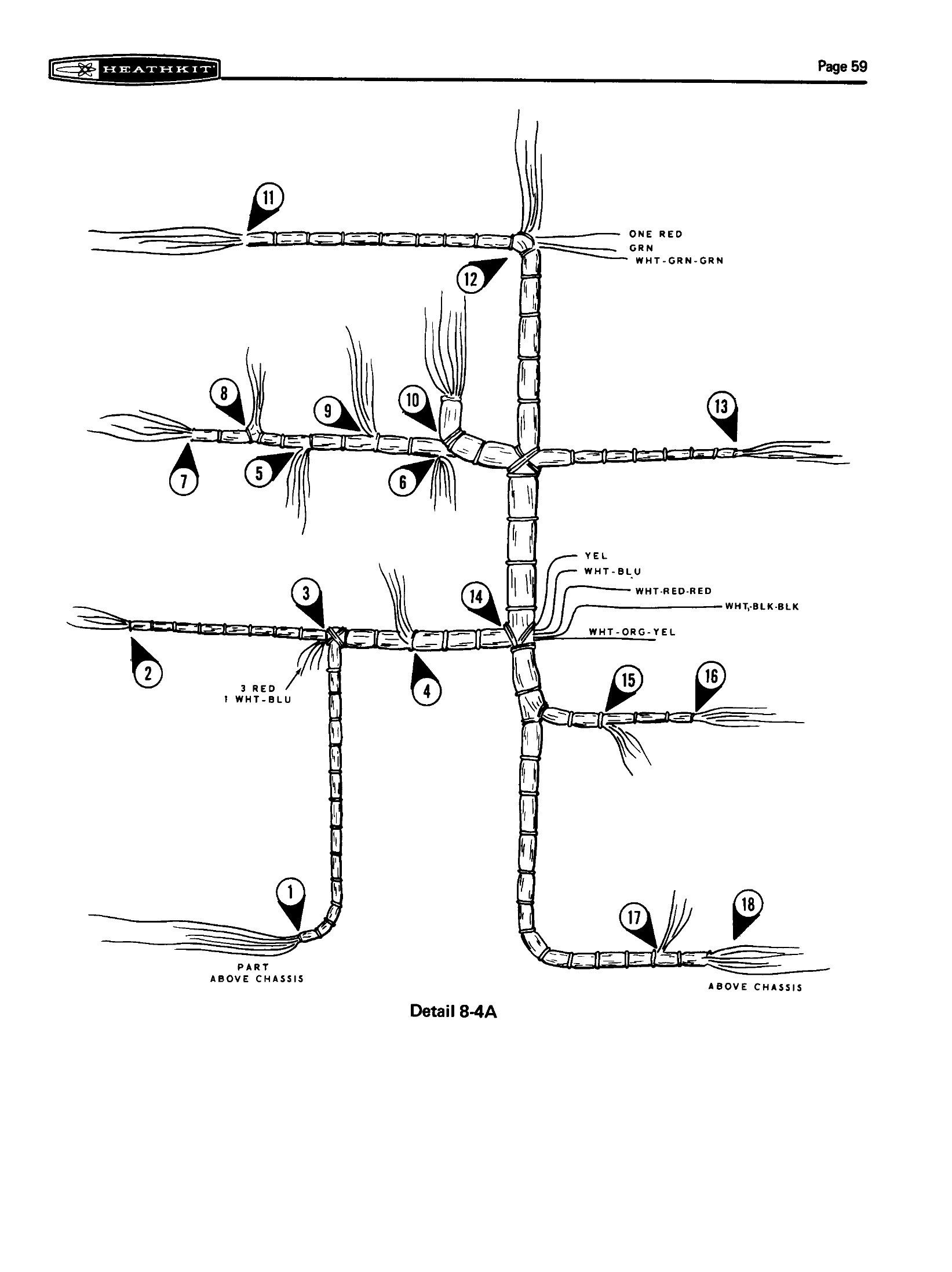 Figure 7 — A page of harness wiring. The pre-formed loom is drawn flat, each branch is numbered, and the steps route them one at a time. Heath's harnesses were made in-house and are the main reason a kit-buil…