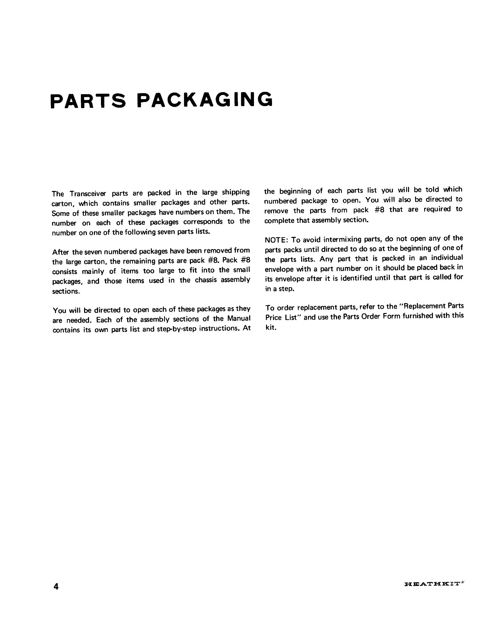 Figure 3 — The parts packaging page. Seven numbered packs, a pack #8 for everything else, and one strongly worded note about not opening them early.