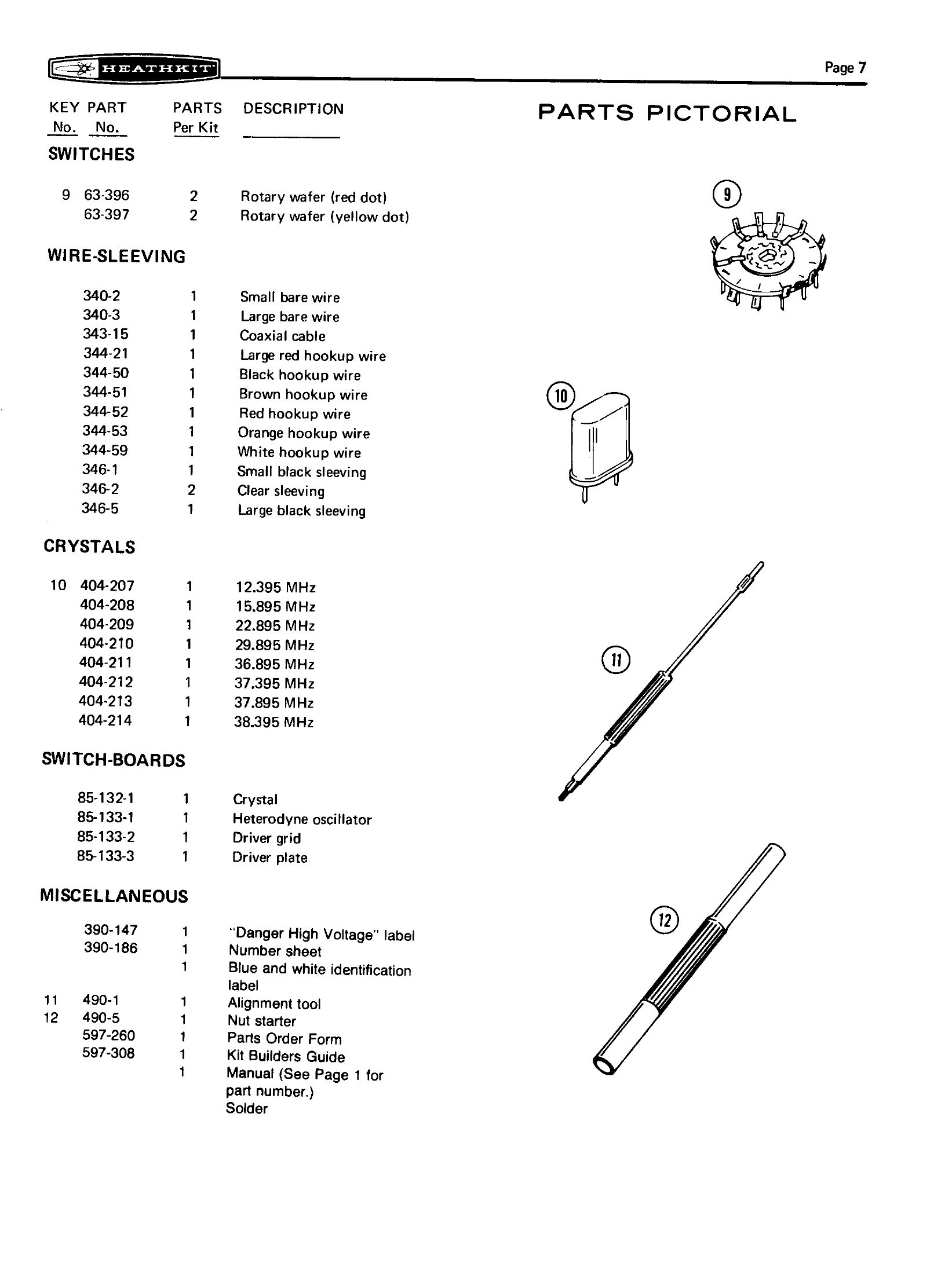 Figure 4 — A parts pictorial: switch wafers, crystals in their holders, sleeving and hardware, each drawn beside its key number from the parts list. The eight heterodyne crystals with their frequencies are li…