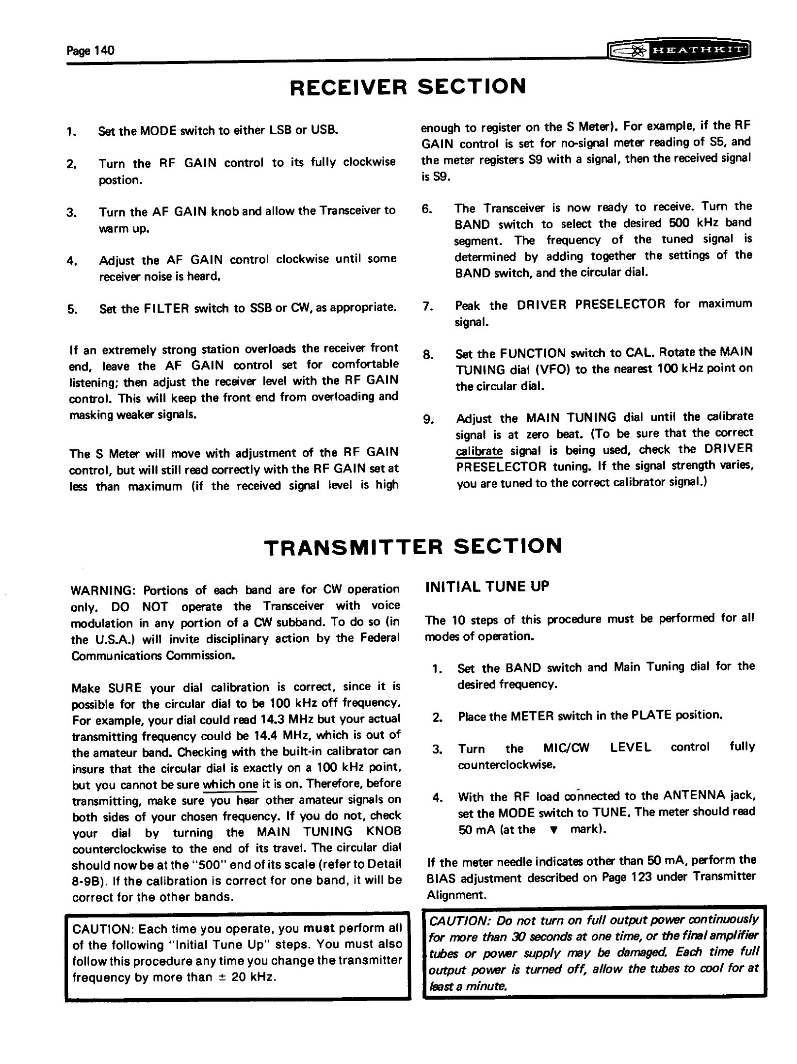 Figure 16 — The operating instructions for the receiver, and the start of the transmitter section — including the warning about the dial being 100 kHz out, and the instruction to check for amateur signals on b…