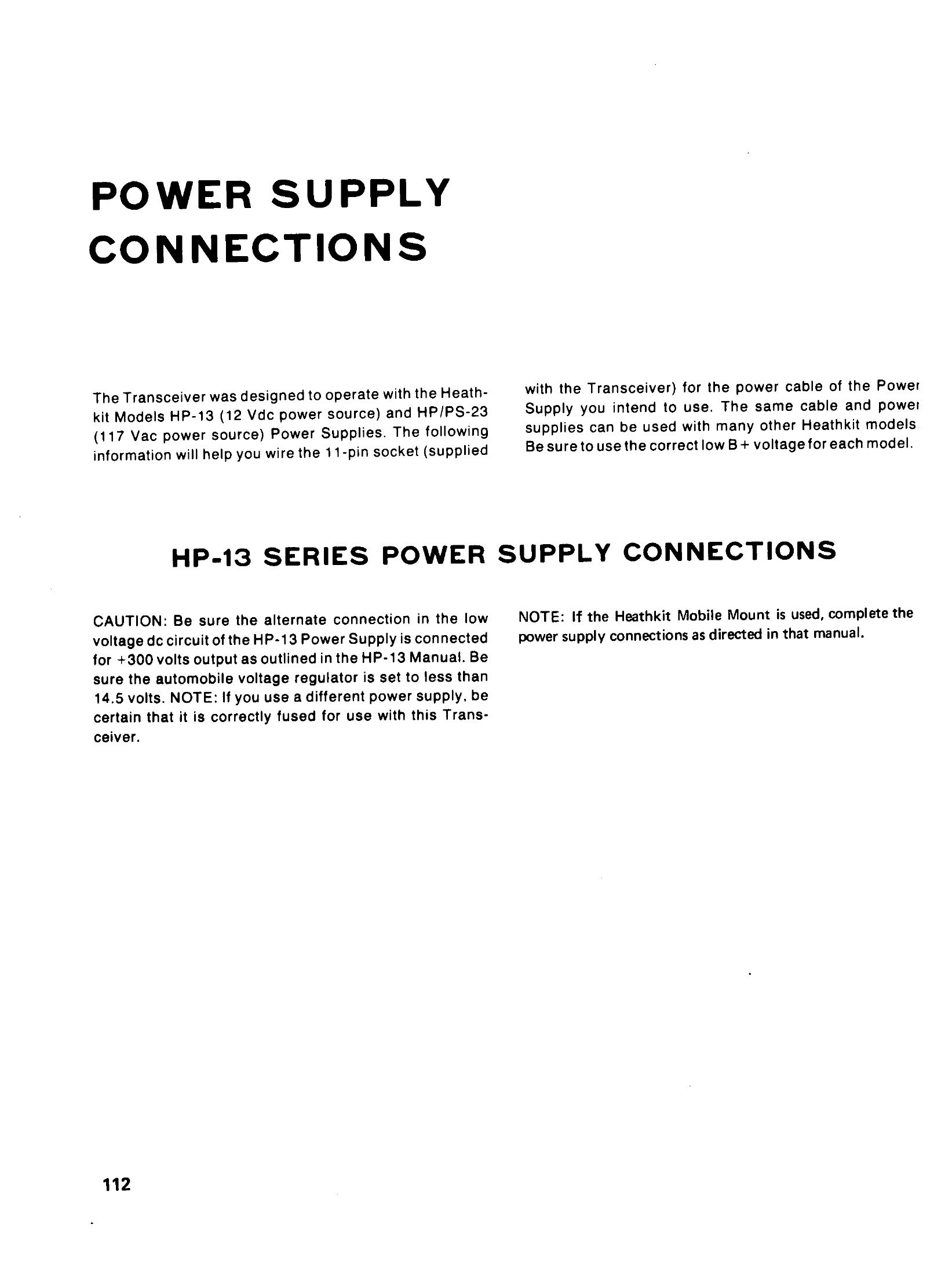 Figure 2 — The power supply connections section. The same transceiver takes the HP-13 series mobile inverter or the HP-23 series AC supply, each wired to the same eleven-pin plug; the manual carries a separat…