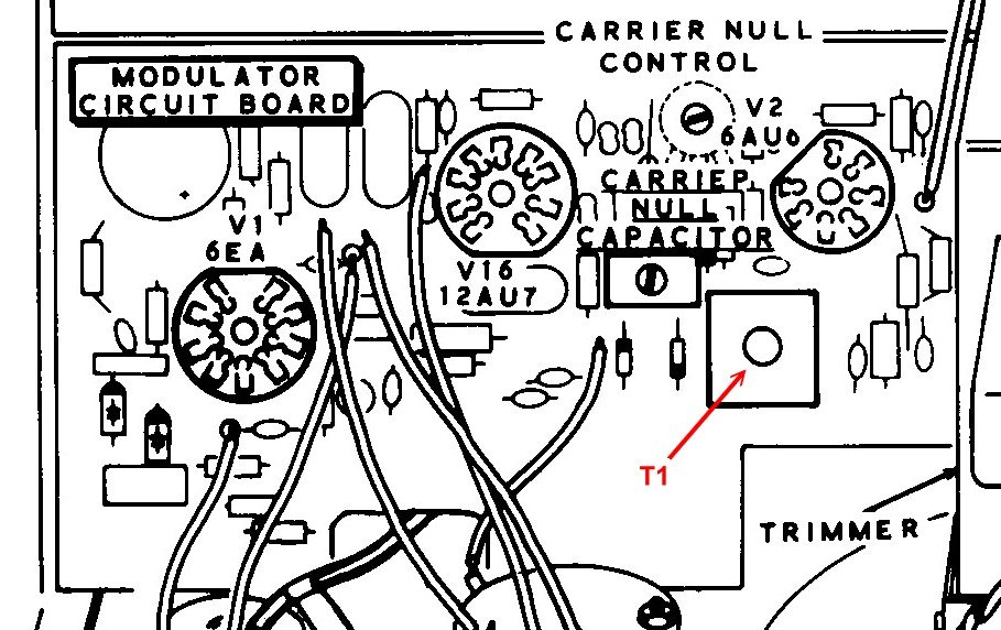 Figure 8 — T1, the balanced modulator output transformer, on the modulator board.